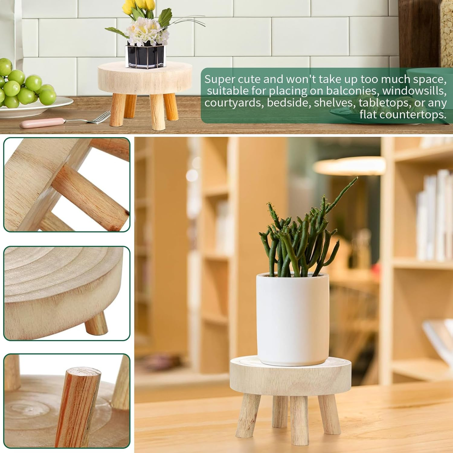 Wooden Plant Stool, Mini Wooden Stool Display Stand, round Decorative Flower Shelf Bonsai Rack, Small Table Succulents Flower Shelf, Modern Plant Stand for Indoor Outdoor Decoration, Garden Holder (S) image number 3