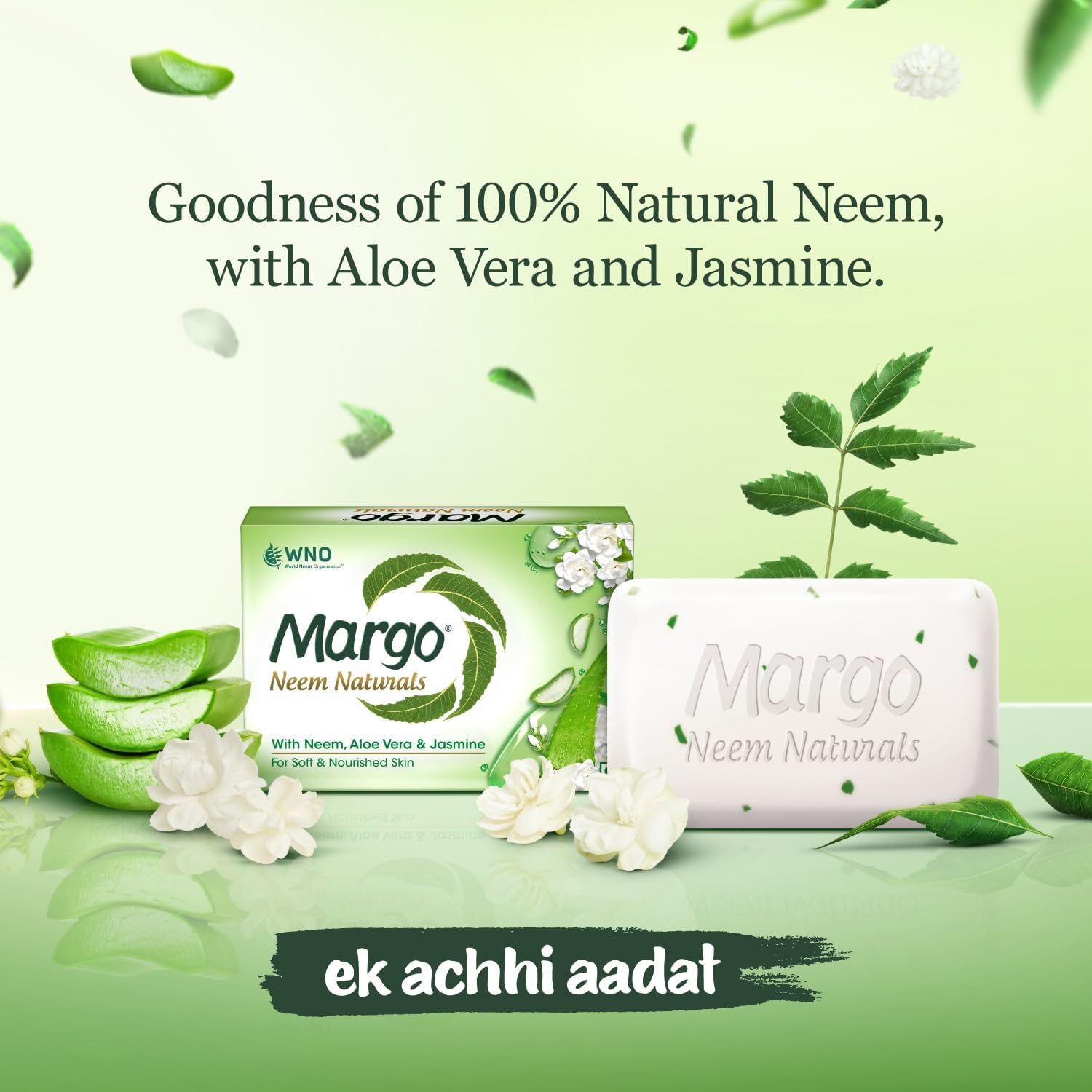 Margo Neem Naturals Soap with Goodness of 1000 Neem Leaves (100Gm X Pack of 5) | Enriched with Aloe Vera & Jasmine | Soap for Soft & Nourished Skin [100GM X 5] image number 4