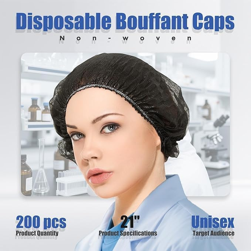 Disposable Bouffant Caps, White, 200-Pack, Hair Coverage for Professional Use (Black) - White image number 6