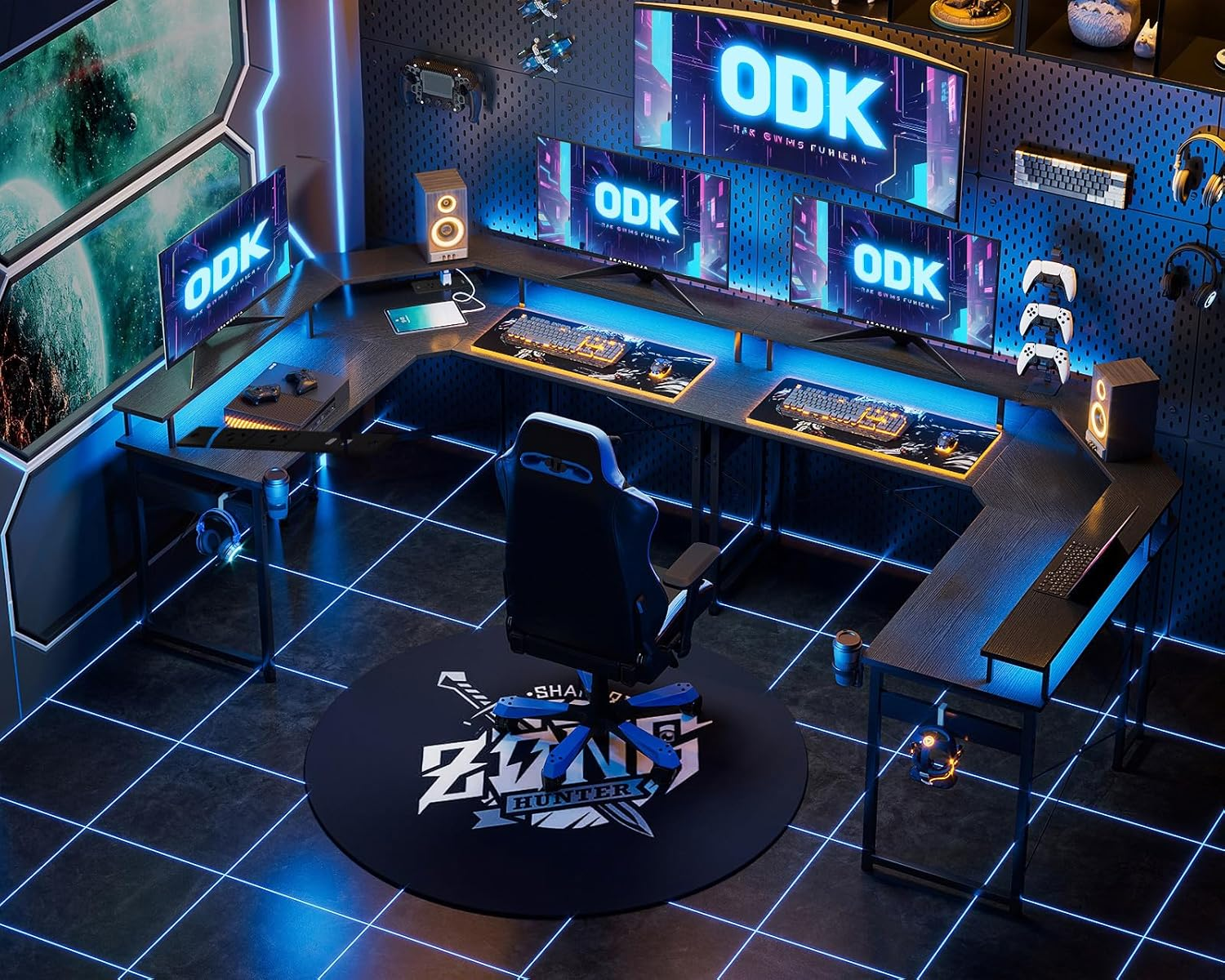 ODK L Shaped Computer Desk, Gaming Desk LED Light Strip and 2 USB 3 Charging Port, Gaming Table with Monitor Surface, Gaming Desks Workstations, Black - Texture White image number 6