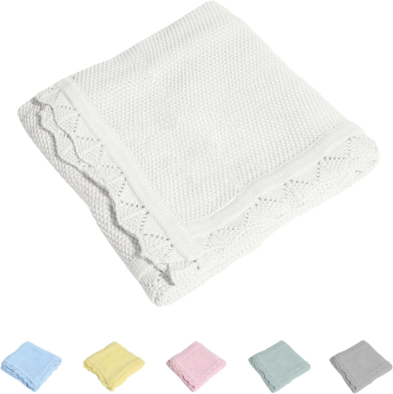 100% Cotton Baby Blanket Knit Lace Soft Warm Toddler Blanket,30 X 40 Inches，White - Green image number 5