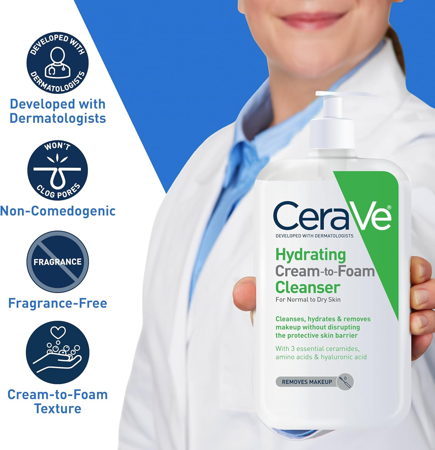 Cerave Hydrating Cream to Foam Cleanser | Makeup Remover Face Wash for Dry Skin | Foaming Facial Cleanser with Hyaluronic Acid | Normal to Dry Skin | Fragrance Free & Non Comedogenic | 19 Fluid Ounce image number 1