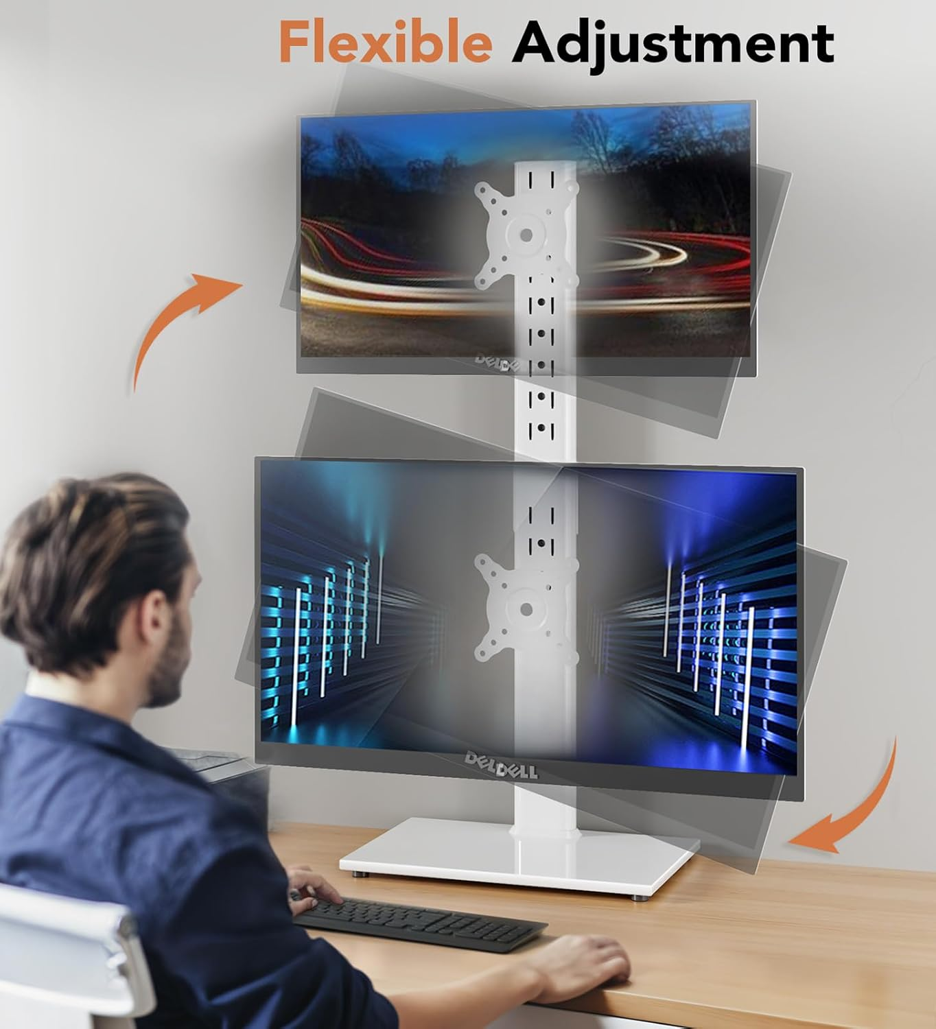 Hemudu Dual Monitor Stand - Vertical Stack Screen Free-Standing Monitor Riser Fits Two 13 to 34 Inch Screen with Swivel, Tilt, Height Adjustable, Holds One (1) Screen up to 44Lbs HT05W-002 White image number 3