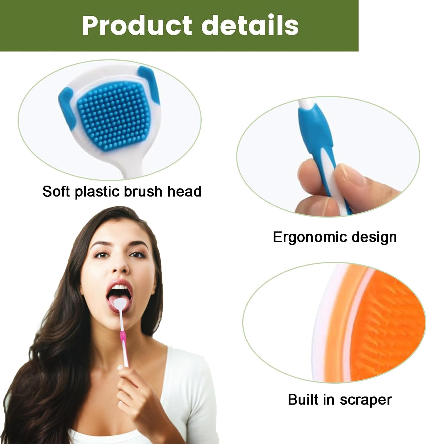 3PCS Tongue Scraper Set, Tongue Cleaner for Fresh Breath, 3 Tongue Scrapers in Blue, Orange, Red image number 2
