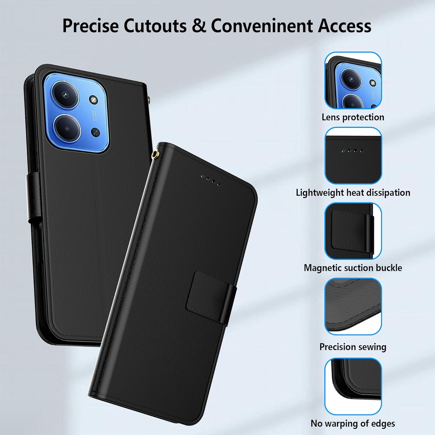 Aiziki for Xiaomi Redmi 15C 4G Phone Case, Leather Flip Case with 3 Card Slots & Kickstand, Anti-Drop, Magnetic Closure, Compatible with Xiaomi Redmi 15C 4G Case- Black image number 2