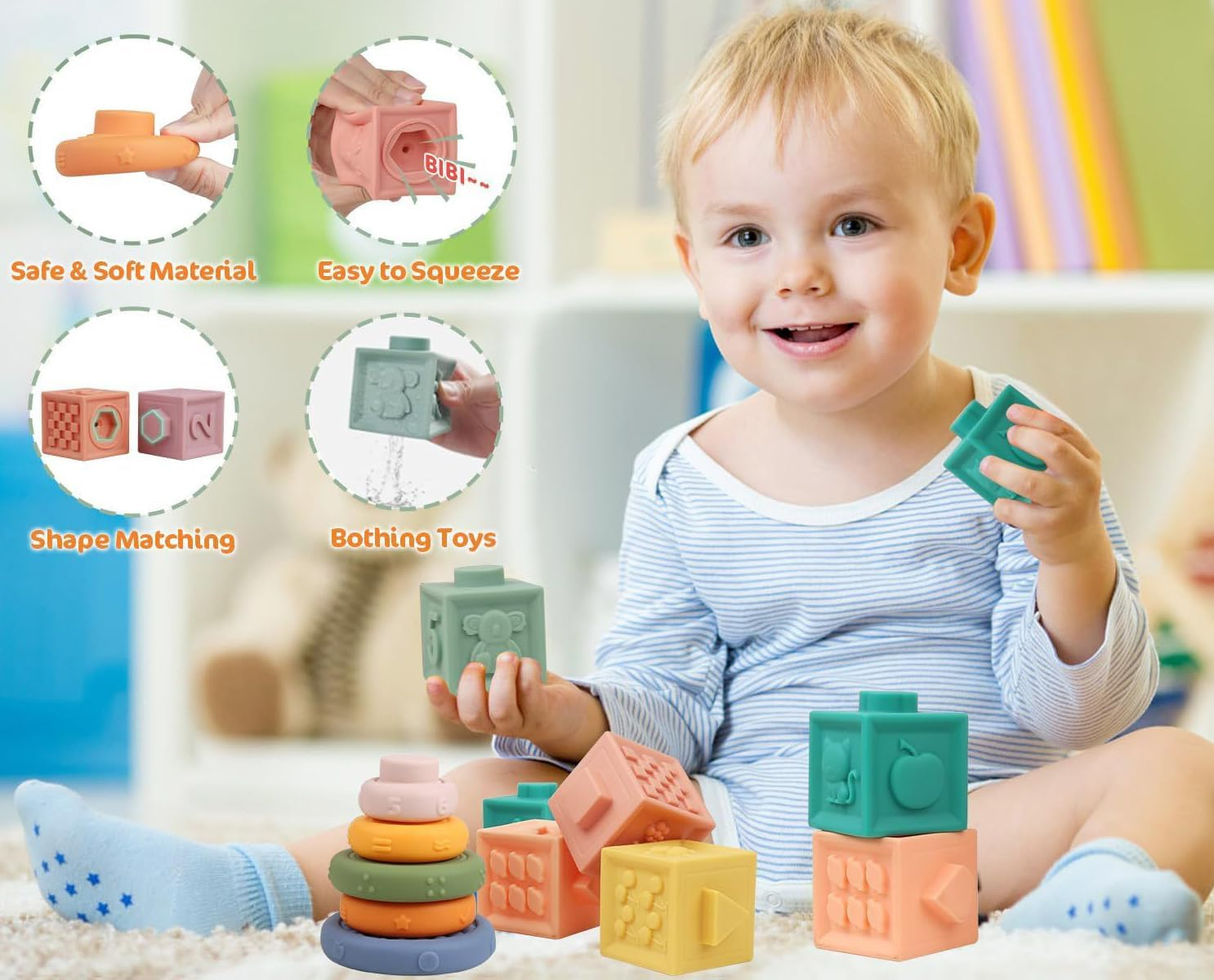 4 in 1 Montessori Baby Toys for Babies 6-18 Months,Pull String Teether, Infant Stacking Blocks, Sensory Shapes Storage Bin, Ideal Baby Boy Girl Gifts, Infant Toys 1 2 3 Year Old Boys Girls image number 2