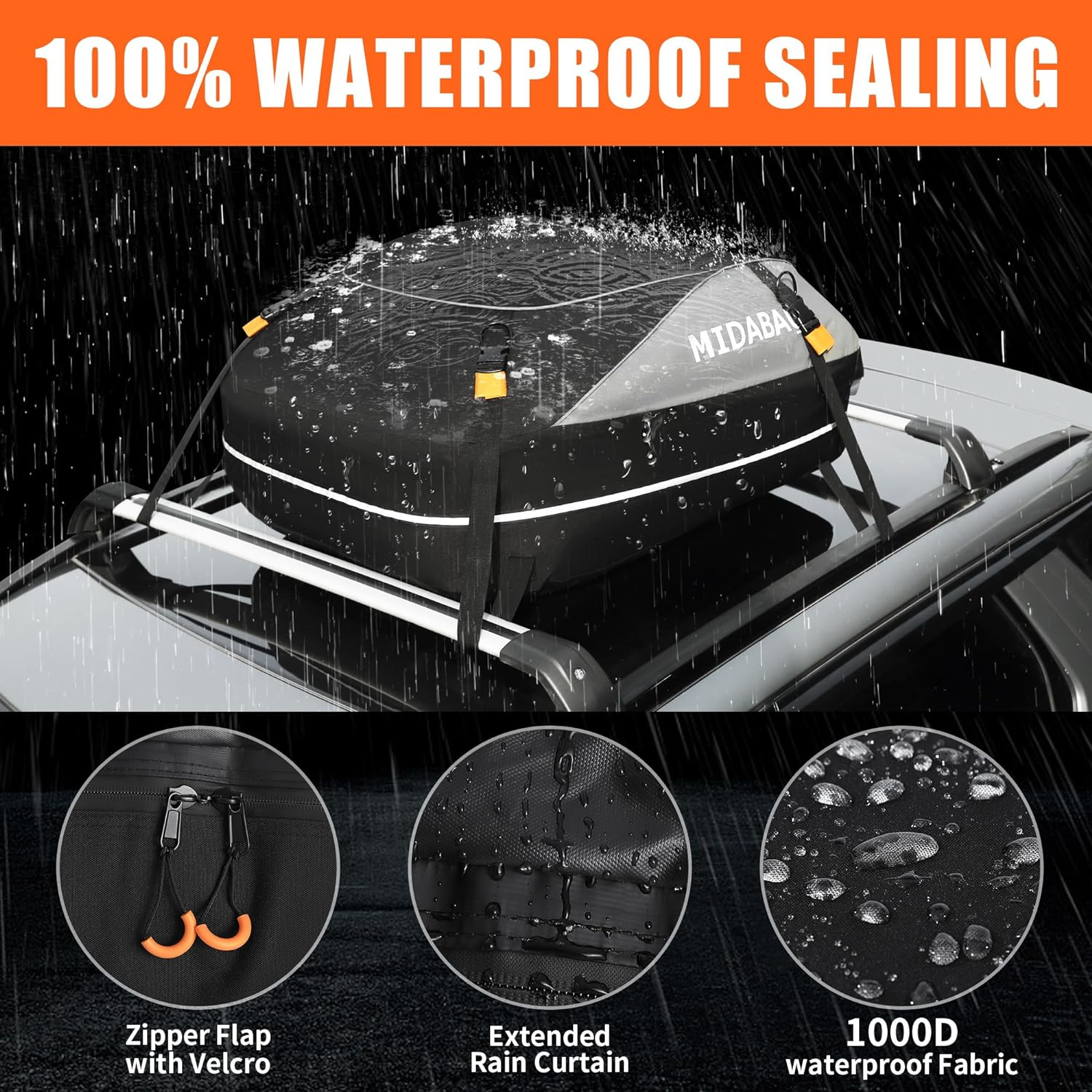 MIDABAO Waterproof Duty Car Roof Top Carrier-Car Cargo Roof Bag Car Roof Top Carrier - Waterproof & Coated Zippers- Includes Anti-Slip Mat- for Cars with or without Racks (12 Cubic Feet) image number 5