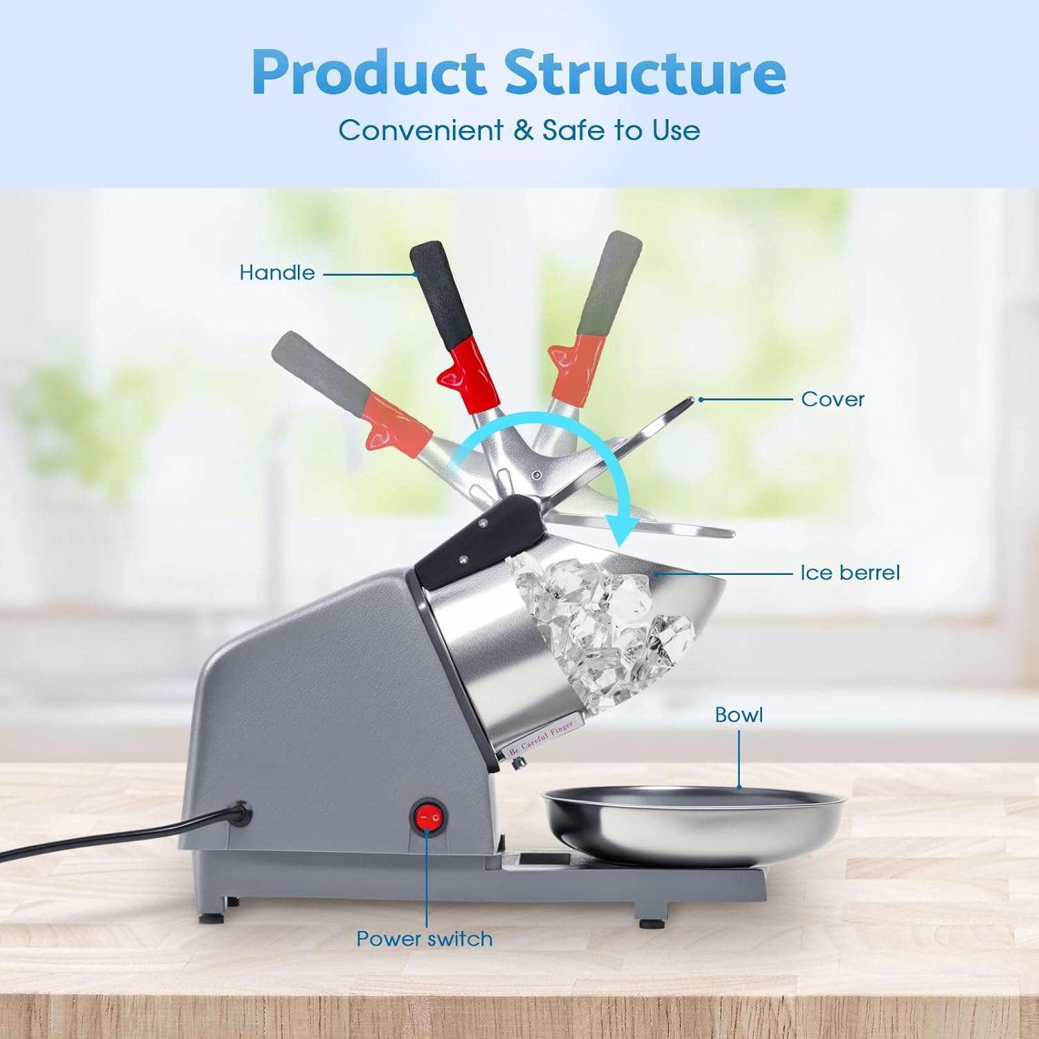 Advwin Shaved Ice Maker, 300W Electric Ice Crusher Stainless Steel Shaving Blade, (65Kg/Hr, 1400Rpm), Suitable for Home and Commercial Use image number 6