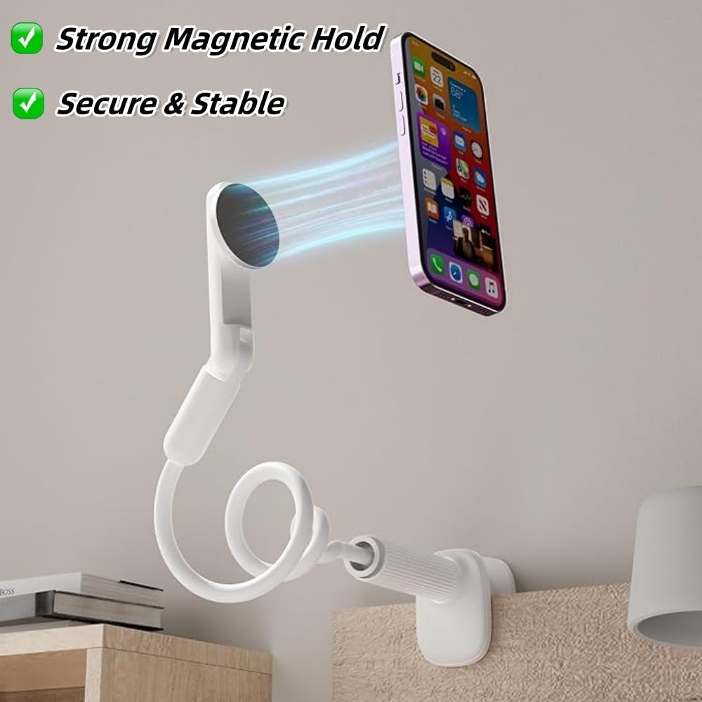 NQQNQQ M-TM 【90CM】 Magnetic Gooseneck Phone Holder for Bed & Desk, 360&deg; Rotation, Sturdy Arm Compatible with Iphone 15/14/13/12 Pro Max, Overhead Mount for Live Streams & Zoom (White) image number 6