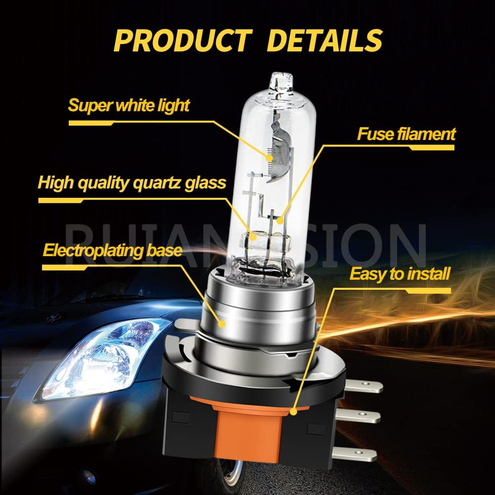 Ruiandsion 2Pcs H15 Halogen Light Fog Light Bulb 15W/55W 12V Super Bright Warm White High Low Beam Light image number 5