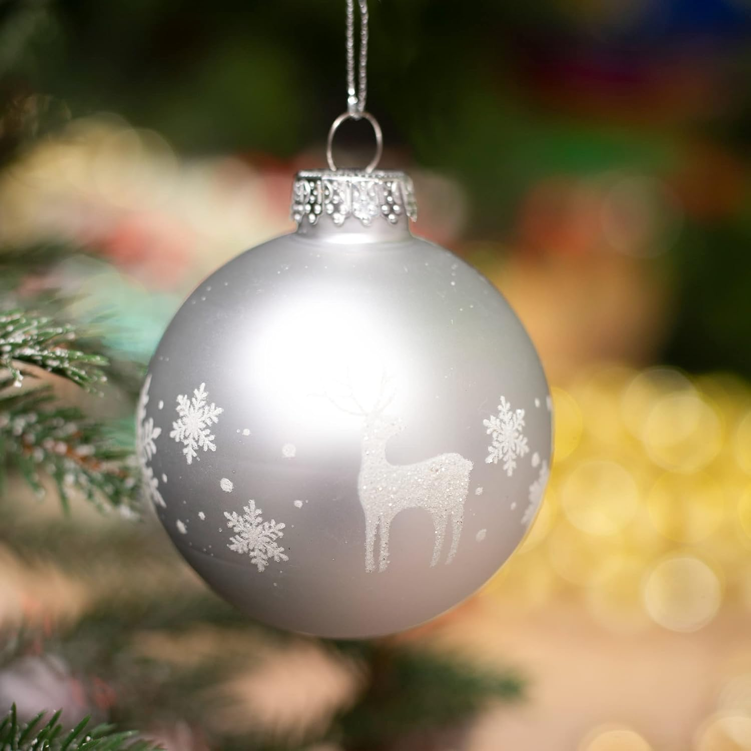 Amooca Christmas Colorful Glass Balls Decoration Festival Party Home Decors Holiday Xmas Tree Hanging Ornaments Set 9Pc 2.65In Silver Snowman & Reindeer Printing image number 4