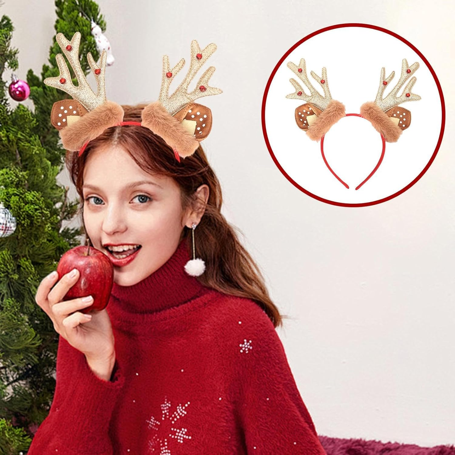 Christmas Reindeer Antler Headband - Christmas Fun Decorative Headband - Winter Festival Deer Antler Headwear with Bell for Holiday Costume image number 5