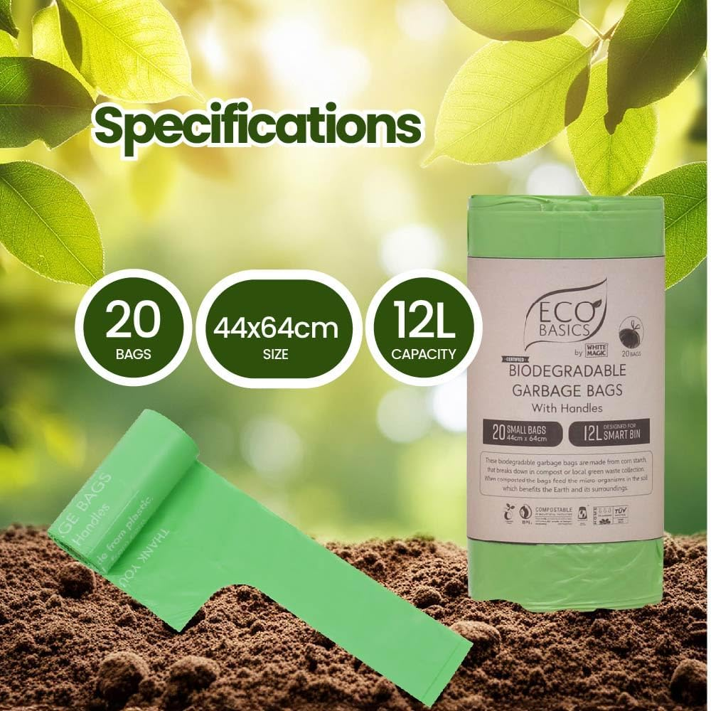 Eco Basics Biodegradable Garbage Bags with Handles &ndash; Small, 20 Bags, 12L, 44 X 64Cm, Strong & Compostable Corn Starch Bags image number 6