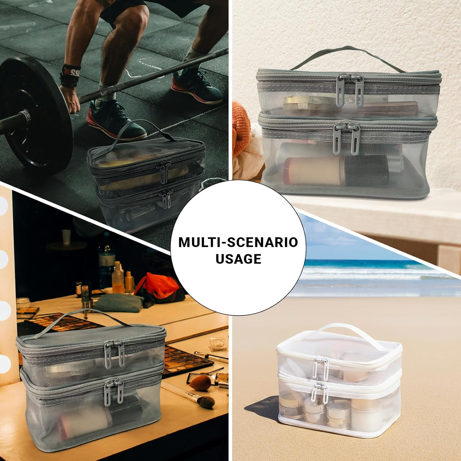 Double Layer Makeup Bag, Mesh Cosmetic Bag with Handle, Double Zipper Beauty Make up Bag, 2 Compartment Toiletries Storage Bag, Portable Travel Cosmetic Case Organizer for Women Girls, Gray image number 6