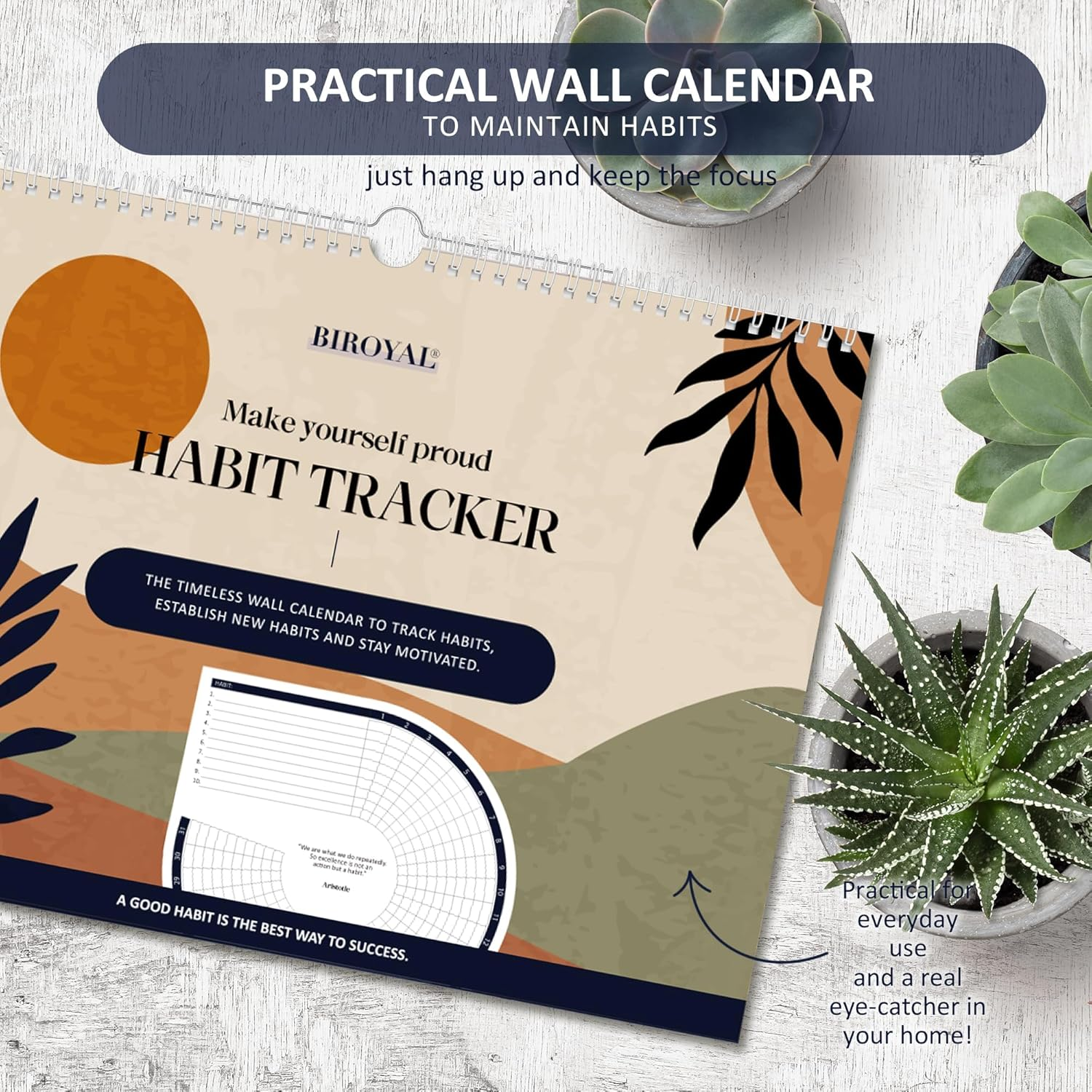 BIROYAL Habit Tracker Calendar (Undated 12 Month), Daily Weekly and Monthly Habit Tracker Journal, Spiral Binding with Writable Goals Habits Track, Productivity Tool and Workout Calendar