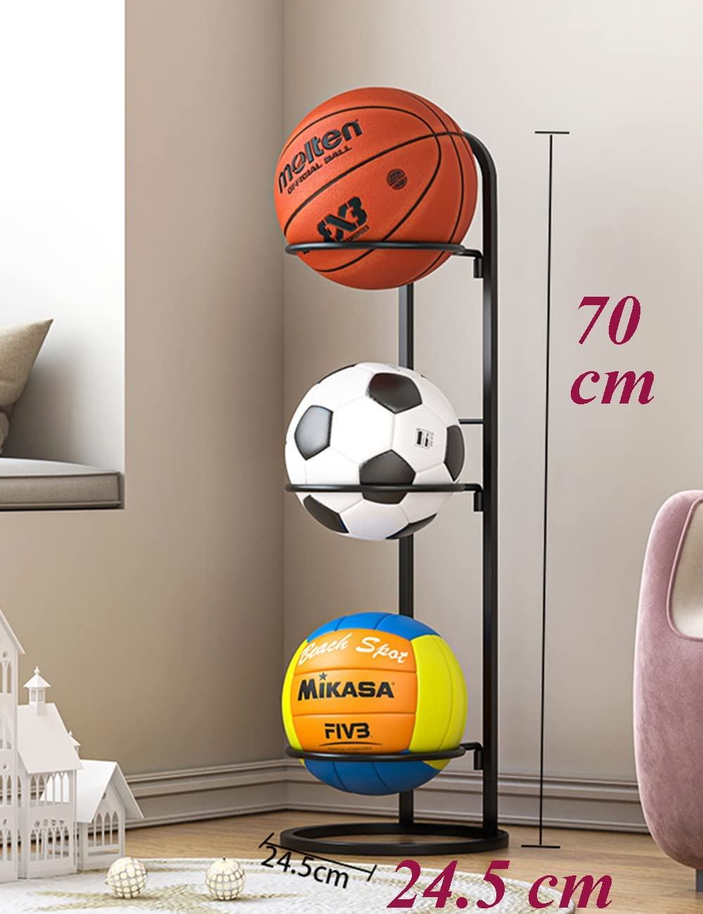 3 Tier Cube Ball Storage Holder, 1PC Space-Saving Practical Durable Creative Ball Rack Basketball Holder Shelf Metal Stand, Freestanding Garage Sports Equipment Organizer Indoor Display Stand image number 5