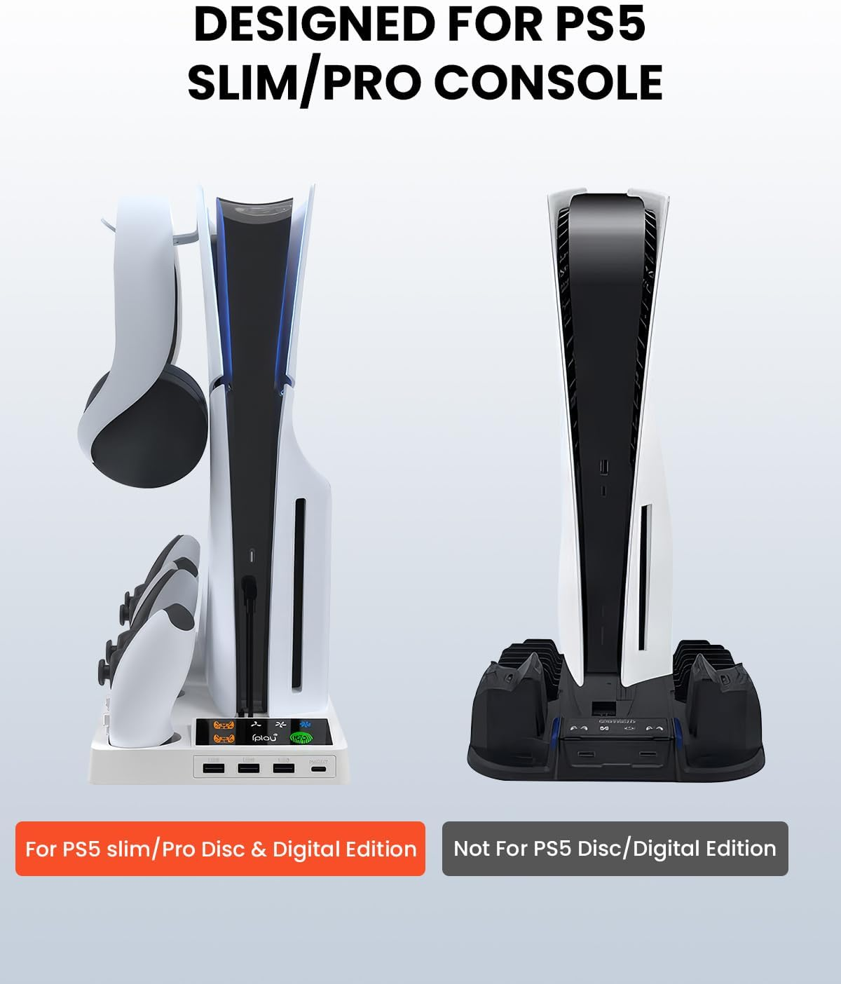 PS5 Slim/Pro Cooling Station Stand with Cooling Fan & Dual Controller Charger &ndash; Vertical Cooling Fan Base for PS5 Slim/Pro Disc & Digital, 3-Speed Adjustable, 3 USB Hub, Fast Charging image number 6