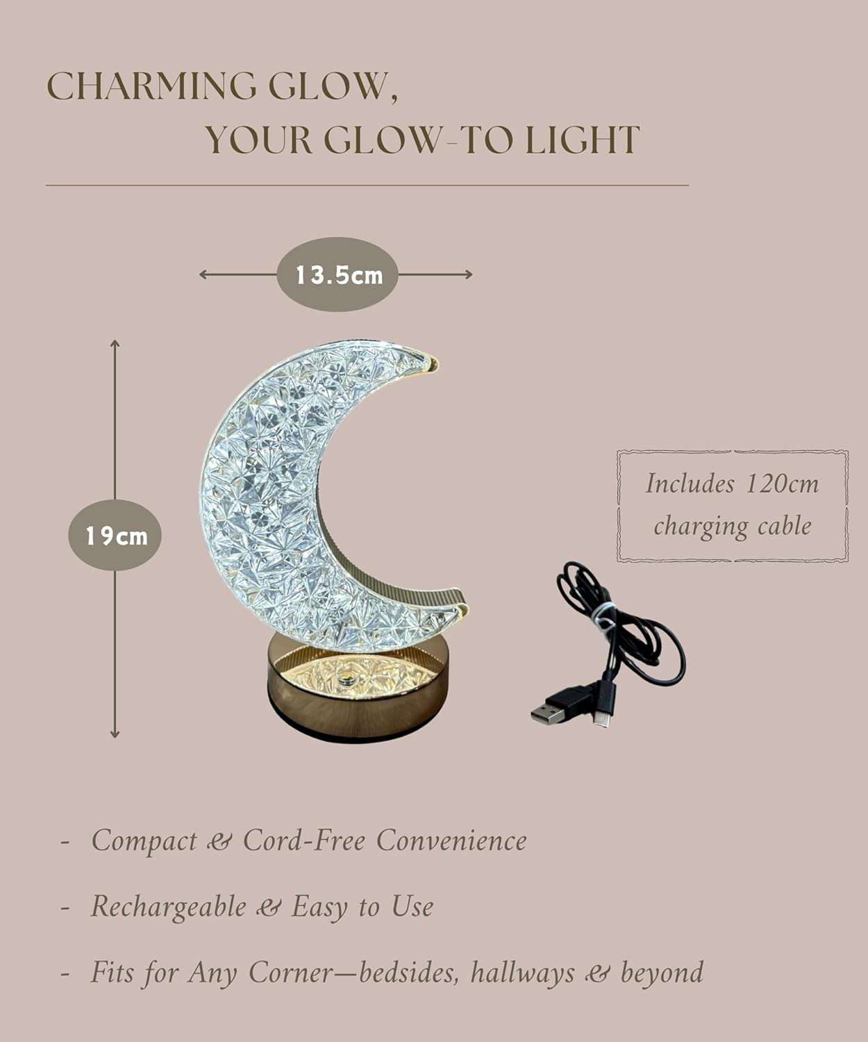 Meletē Moon-Shaped LED Table Lamp - USB Rechargeable, Battery-Operated, 3-Way Dimmable &ndash; Cordless Bedside or Desk Lamp, Cute D&eacute;cor for Bedroom, Living Room, Dining Table &ndash; Aesthetic Gift image number 4