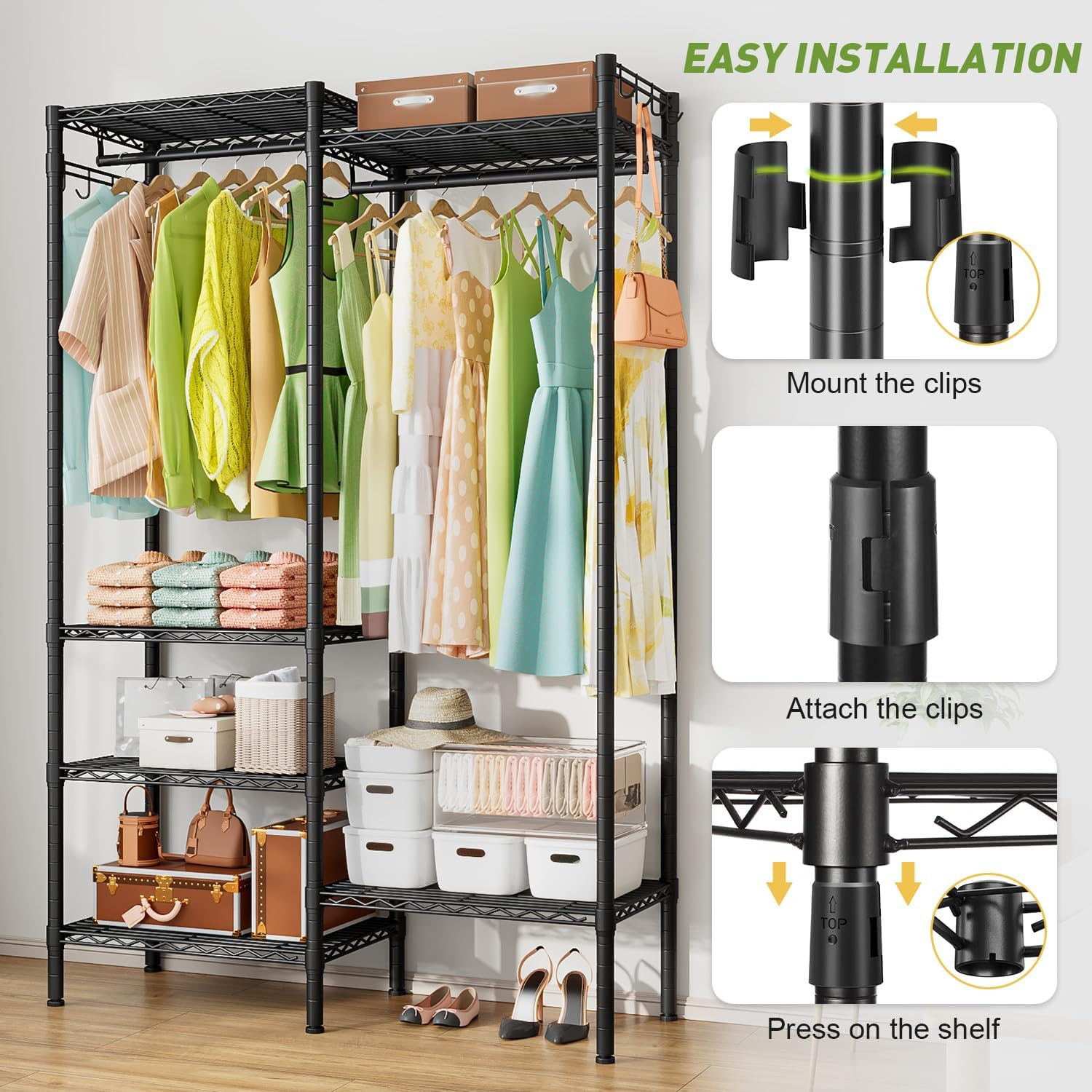 Clothes Rack Clothing Rack with 6 Shelves, Heavy Duty Garment Rack with Adjustable Shelves and Hanging Rods