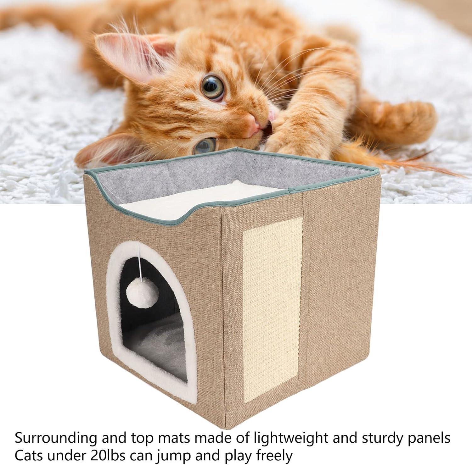 Cat House, Foldable Enclosed Warm Breathable Cat Cave Bed with Scratcher Plush Ball, Machine Washable Cat Beds Resistant Bottom Collapsible Outdoor Cat House for Cats (Apricot) image number 6