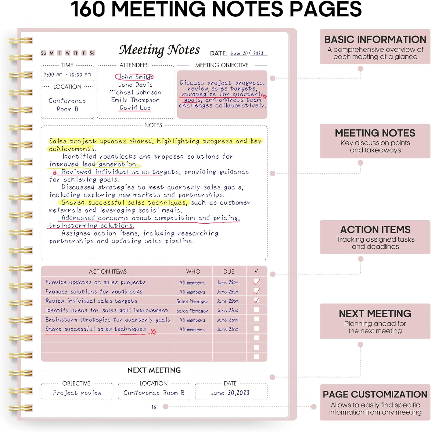 Meeting Notebook for Work Organization - Work Planner Notebook with Action Items, Agenda Planner for Note Taking, 160Pages (6.9" X 9.9") Project Planner for Men & Women - Pink image number 1