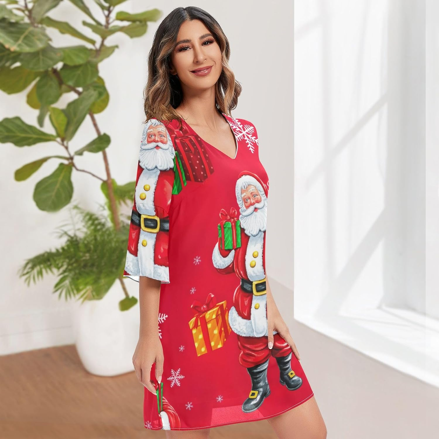 Cute Santa Claus Red Short Summer Dress Printed Line Maternity Dress S-XXL image number 5