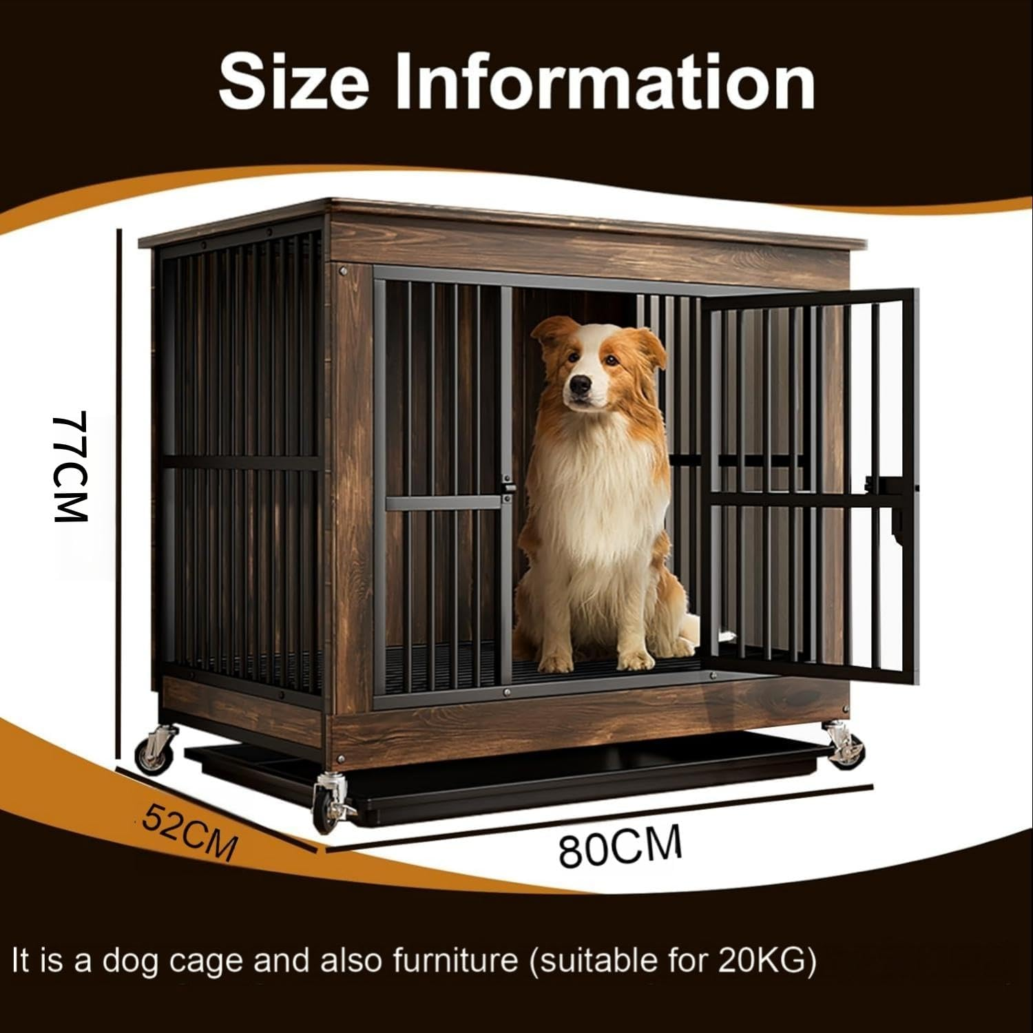 Heavy Duty Dog Crate Furniture, Dog Kennel with Locks and Trays, Chew-Proof Dog Cage for Small Medium Breeds with Wheels and Built-In Top Storage Function, for Living Rooms, Bedrooms, Farmhouses
