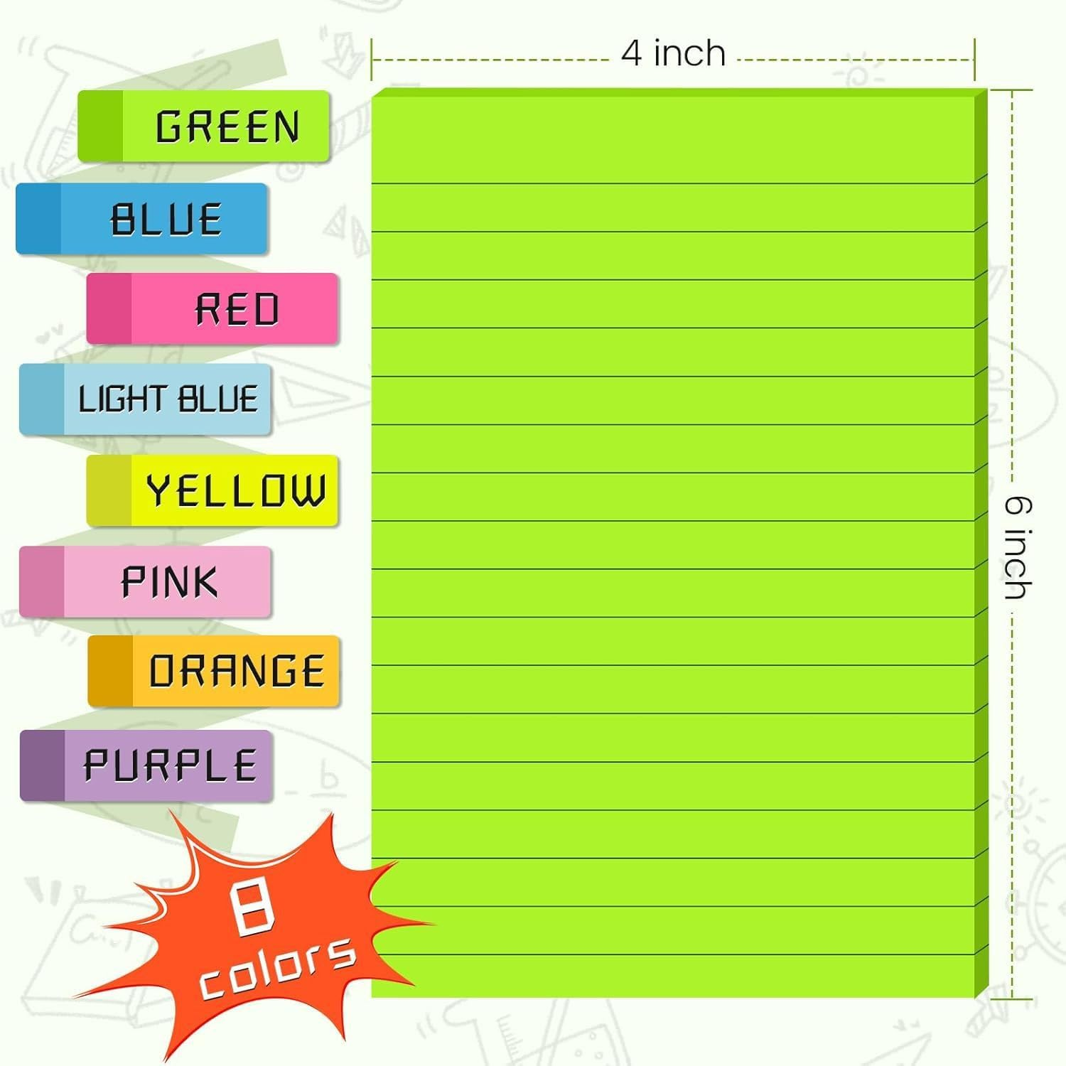 (8 Pads) Lined Sticky Notes 4X6 in Post, 8 Colors Self Sticky Notes Pad Its, Bright Post Stickies Colorful Big Rectangular Sticky Notes for Office, Home, School, Meeting (Style 1, 40 Sheets/Pad)