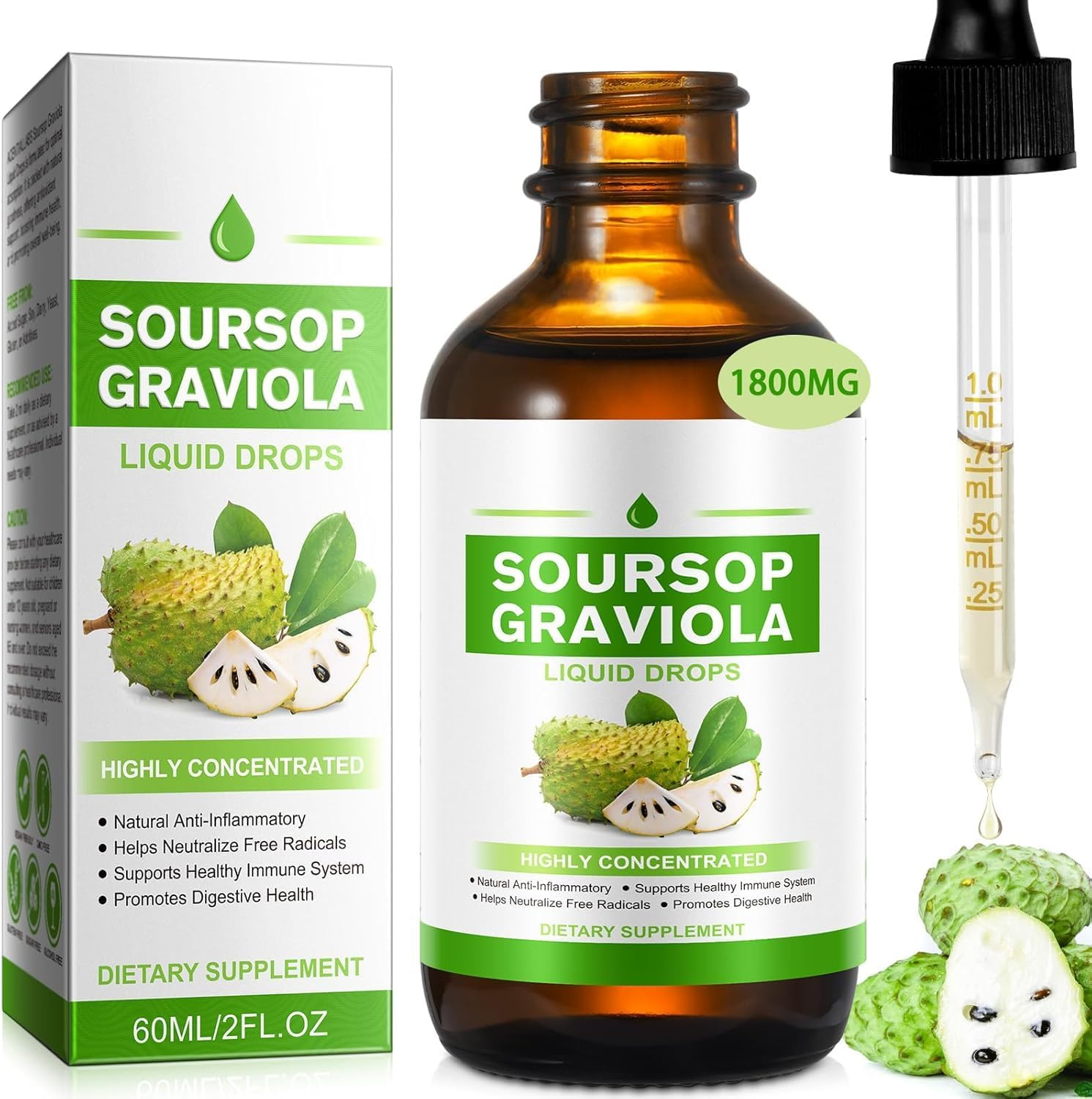 Soursop Graviola Liquid Drop Organic 1800 Mg, Organic Soursop Extract Liquid for Cell Support, Boosting Immune Health ﻿ image number 2