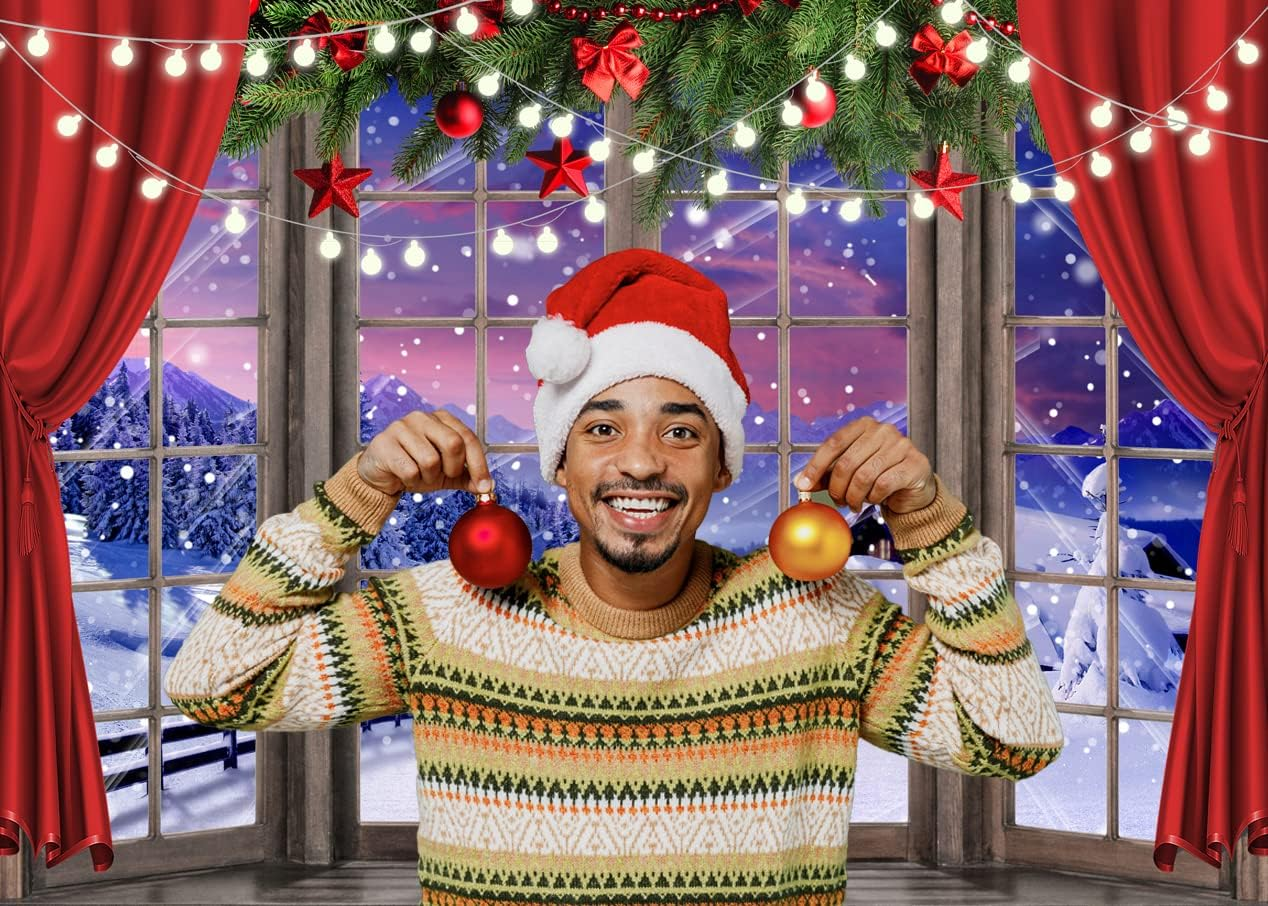 LYCGS 10X8FT Christmas Backdrop Xmas Window Photography Backdrop Winter Dream Wonderland Snow Tree Red Curtain Christma Photo Backdrop Studio Props Banner X-67 image number 2