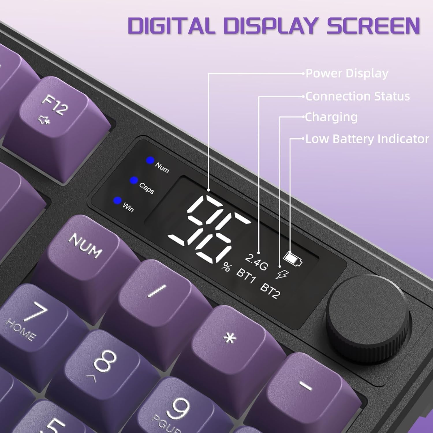 FREEWOLF M96 Wireless Gaming Keyboard Creamy Membrane with Rainbow Backlight,Media Knob,Lcd Screen,Dual Mode-Bluetooth/2.4Ghz,Ball Shape PBT Keycap 94 Key ANSI Layout for Win Mac PC Gamer(Purple) image number 3