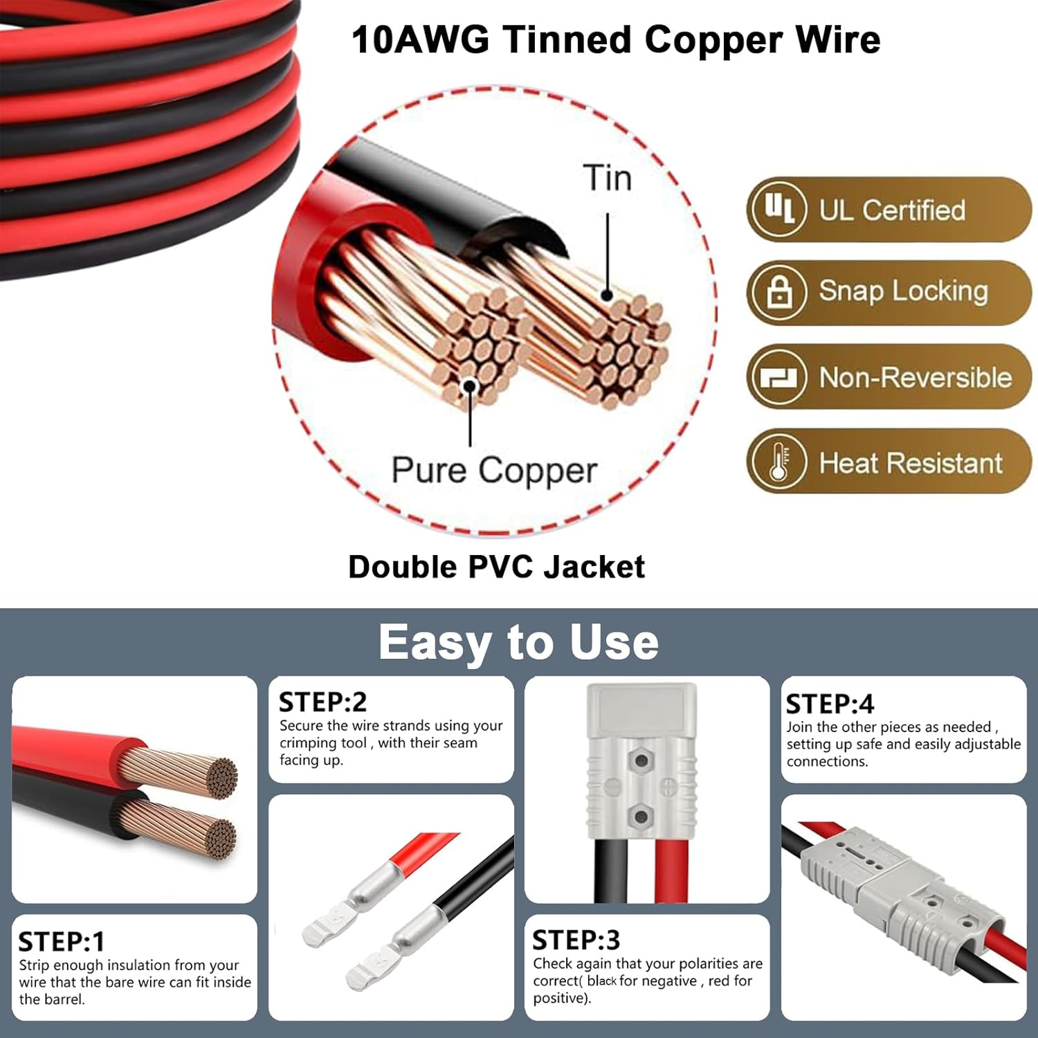 50A Anderson Double Y Splitter Cable,1 to 2 Anderson Plug Connector Double Y Adapter,10 AWG 6Mm Battery Cable for Car, Rv,Truck,Trailer,Winch,Forklift,Solar & Wind Systems image number 4