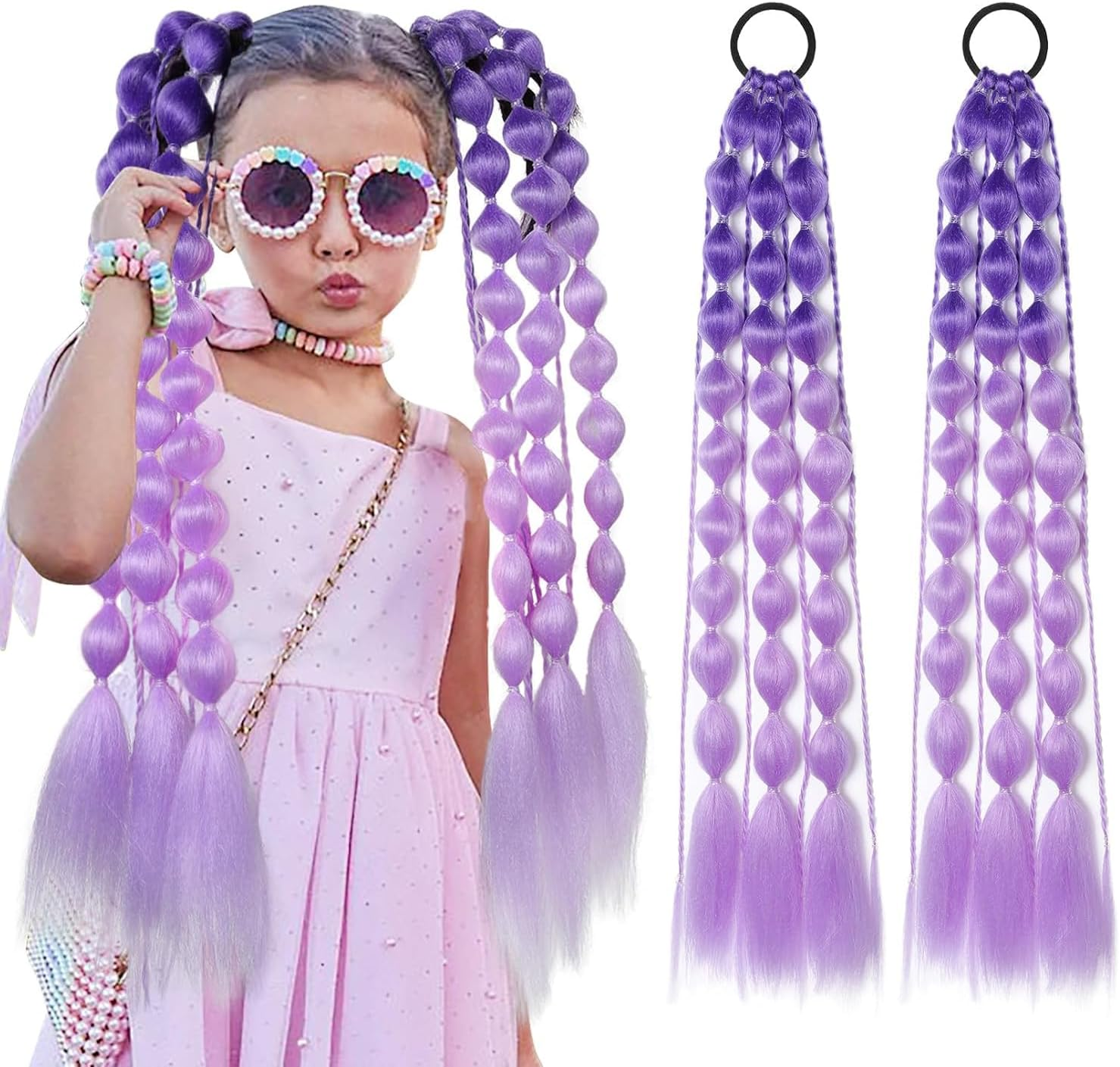 2 PACK Colorful Hair Extensions, POIUNA Upgrade 24" Long Braiding Hair Hair Extensions Braid Synthetic Fiber Hair for Women Girl Bubble Braid (Blue) (Purple)