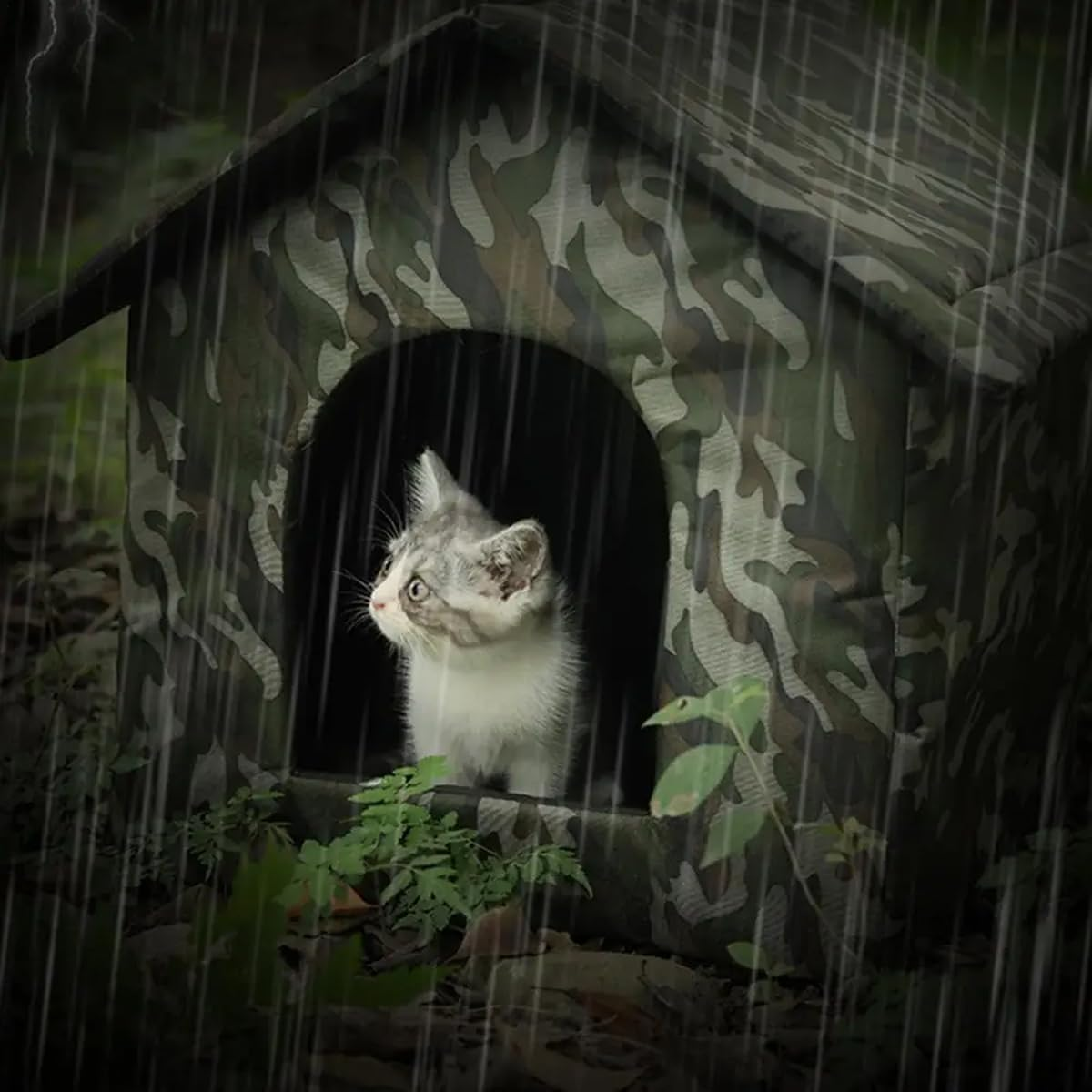 AIMALL Waterproof Outdoor Cat Dog House, Durable Polyester Camouflage Pet Shelter, Warm Windproof Rainproof Pet Retreat image number 3