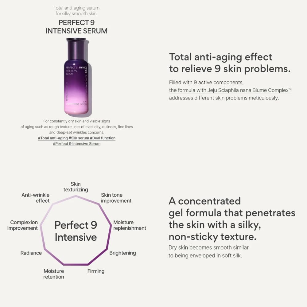 Perfect 9 Intensive Serum 50Ml. Concentrated Anti-Aging Serum with Lingzhi Mushroom for Wrinkles and Fine Lines Care. Korean Beauty Skincare for Innisfree. image number 2
