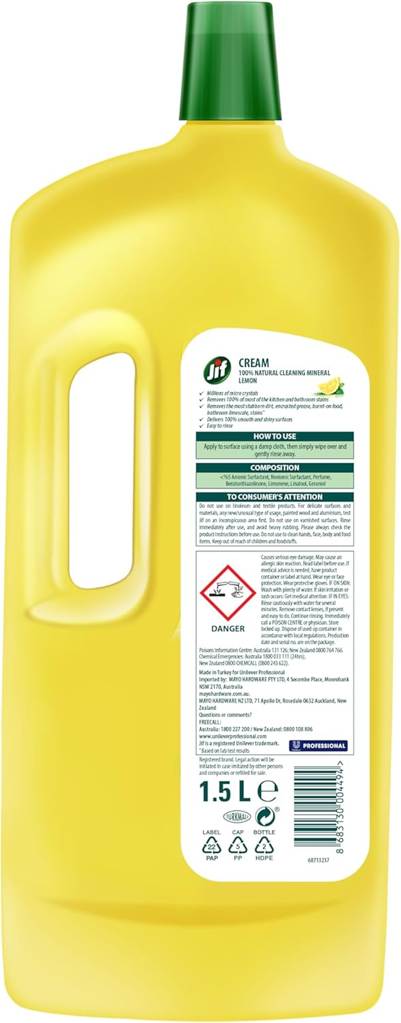 Jif Professional Lemon Cream Cleaner 1.5L &ndash; Multi-Purpose Surface Cleanser with Natural Micro Crystals &ndash; Plant-Based, Kitchen & Bathroom Use, Streak-Free Finish image number 4