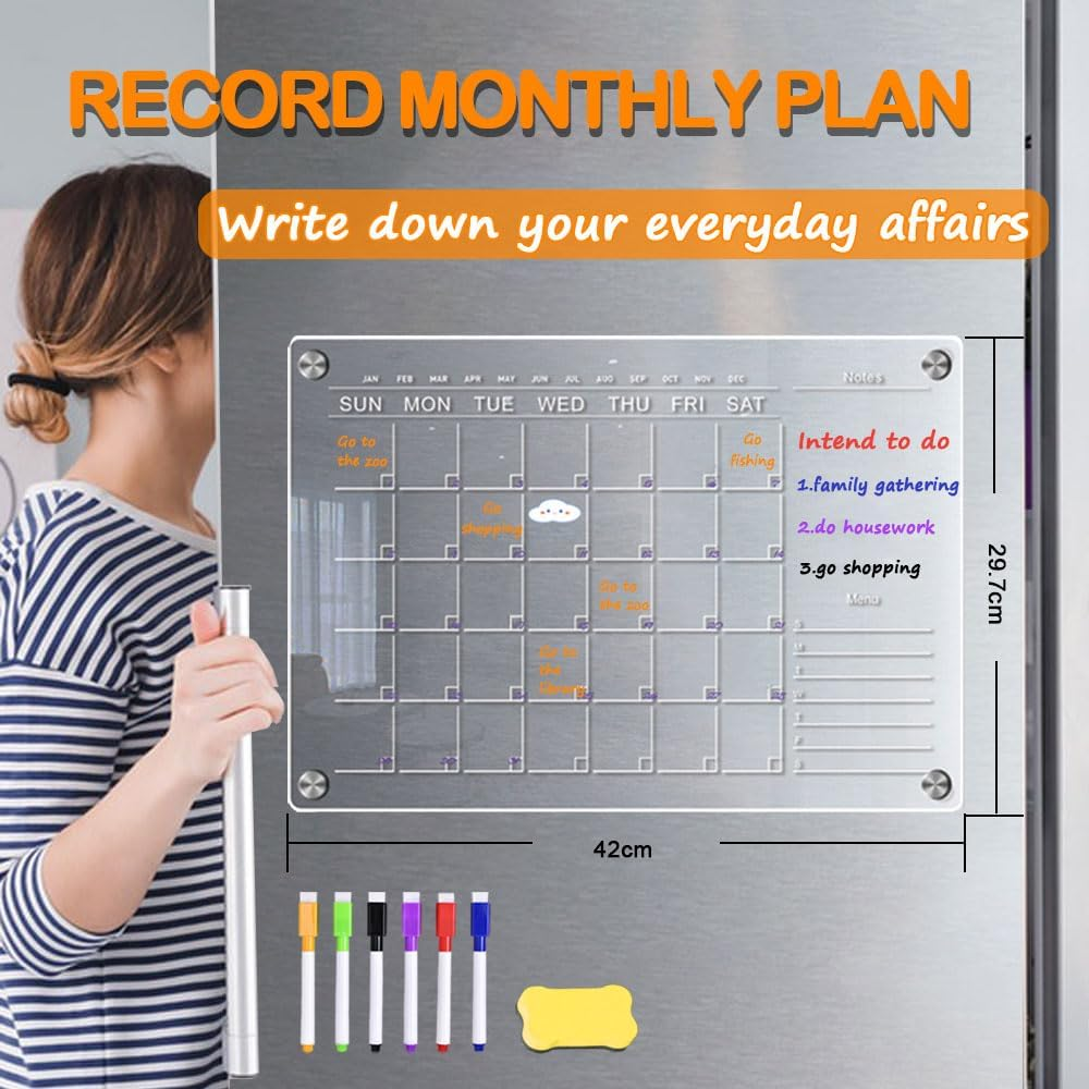 3Pcs Magnetic Acrylic Calendar for Fridge,Fridge Calendar Dry Erase Magnetic Planning Boards Acrylic Planner Monthly+Weekly Board+Memo Demos with 6 Markers+1 Erase(Clear) image number 2