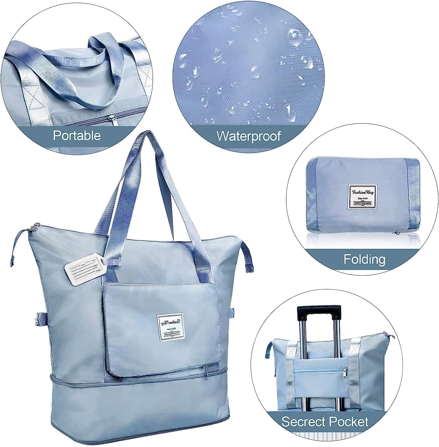 Large Capacity Folding Travel Bag, Travel Duffel Bag with Luggage Tag, Waterproof Lightweight Gym Bag with Wet and Y Separation Bag, for Travel, Sports, Gym, Blue, Folding Travel Bag image number 5