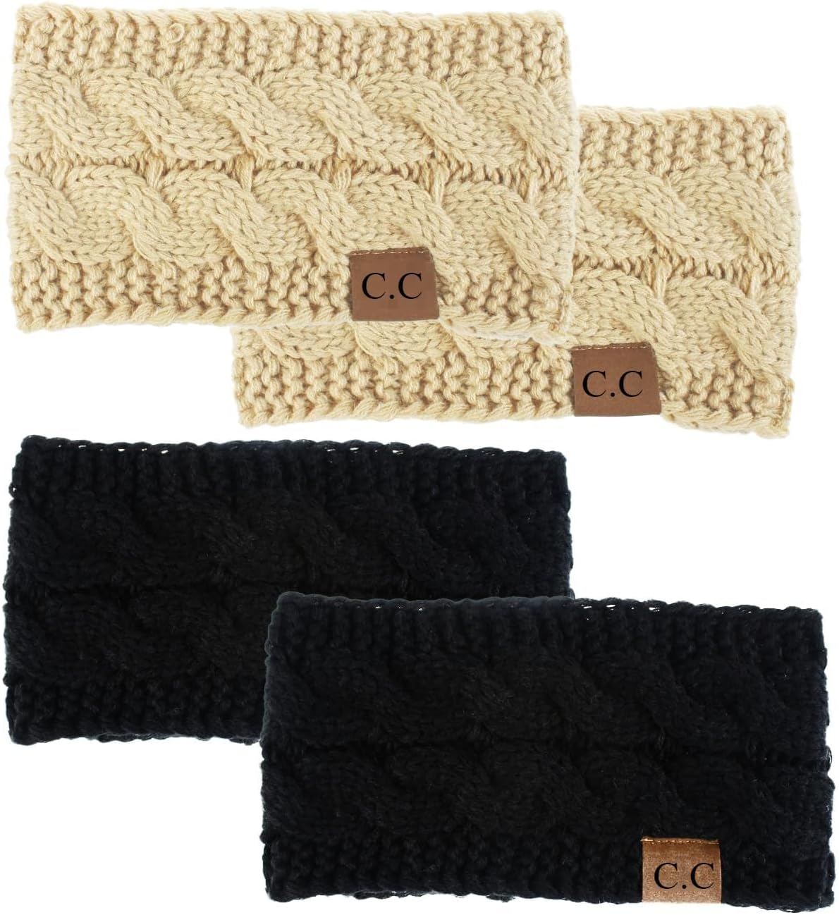 Fengea Winter Headbands for Women Wool 2 Pack, Ear Warmers for Women Headband Knit Thick Fleece Lined, Cold Weather Warm Ear Muffs, Black+Beige