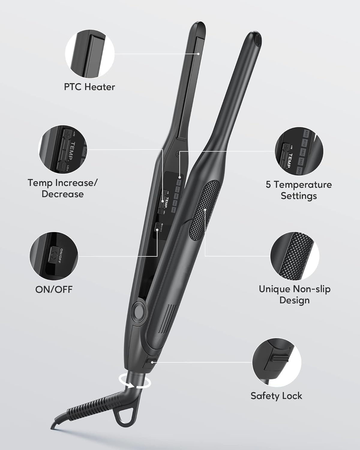 Telfun Pencil Flat Iron, 3/10" Small Iron for Short Hair, Pixie Cut and Bangs, Tiny Beard Straightener with Dual Voltage & Adjustable Temp, Mini Hair Edges Heating up in 15S image number 6