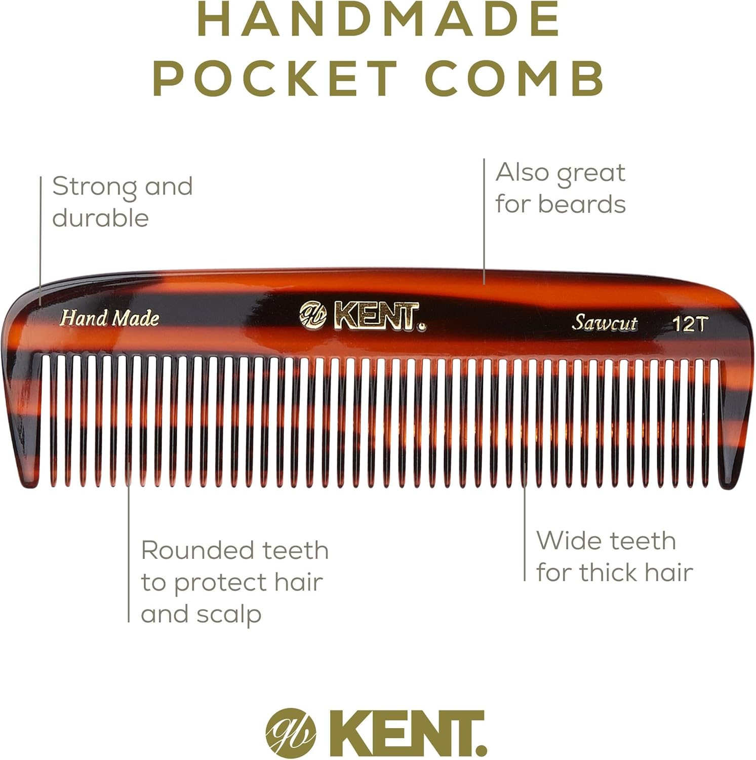 Kent 12T Wide Tooth Detangling Comb - 5.5" Handmade Pocket Comb for Thick, Curly, and Wavy Hair, Large Tooth Grooming for Hair, Beard, and Mustache - Saw-Cut and Hand Polished image number 4