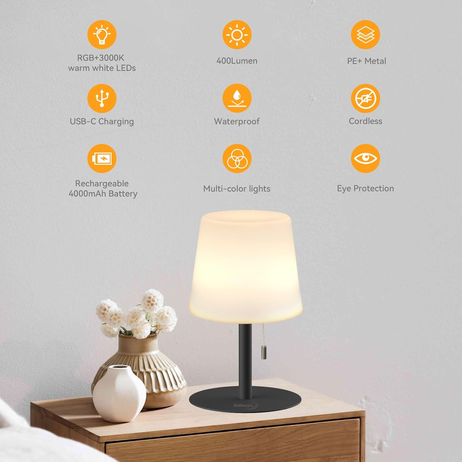 Tulbeys Warm & RGB Cordless Lamp for Outdoor Patio Decor | Battery Powered | Farmhouse Table Lamp | White Desk Lamps for College Dorm Room | Shower Lamps Waterproof Lampshade & Metal Base image number 5