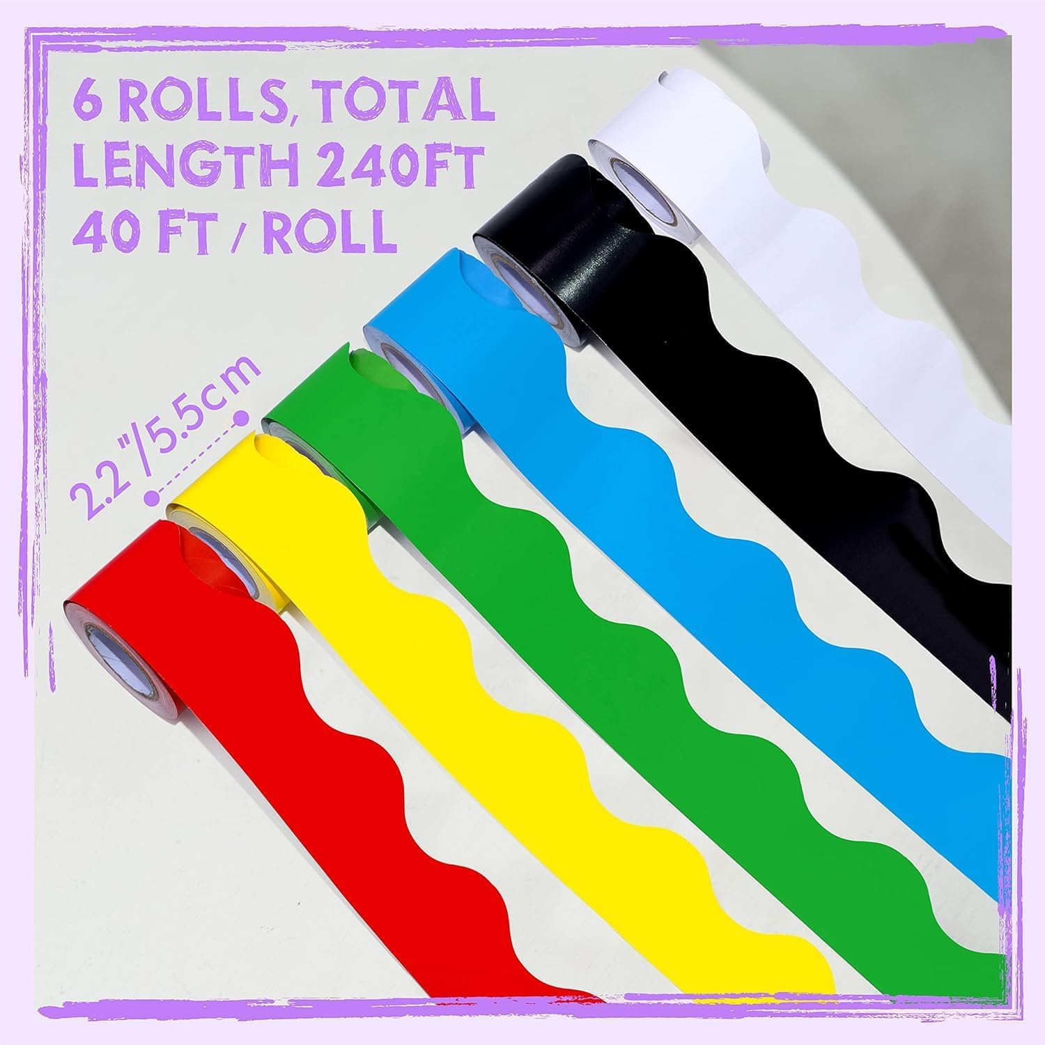 6 Rolls Bulletin Board Borders, 198 Ft Scalloped Rolled Border Trim with Wavy Line Design Yellow, Green, Red, Blue, Black, White Decoration for School, Classroom & Offices, 33Ft per Roll