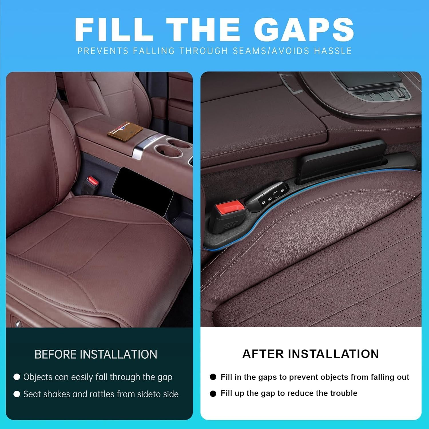 2 Pack Car Seat Gap Filler, No Drop Seat Protector with Storage Organizer and Hook Premium Soft Foam Padding for Side Gap Protection Universal Fit for All Cars (Black) image number 1