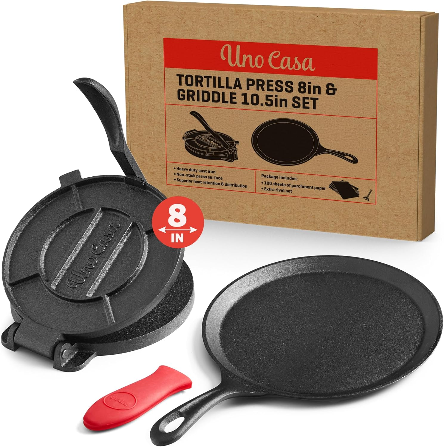 Uno Casa Cast Iron Tortilla Press 8 Inch with Cast Iron Comal Pan - Bundle of Tortilla Pan for Roti, Tawa, Dosa and Pre-Seasoned Tortilla Press Pataconera image number 6