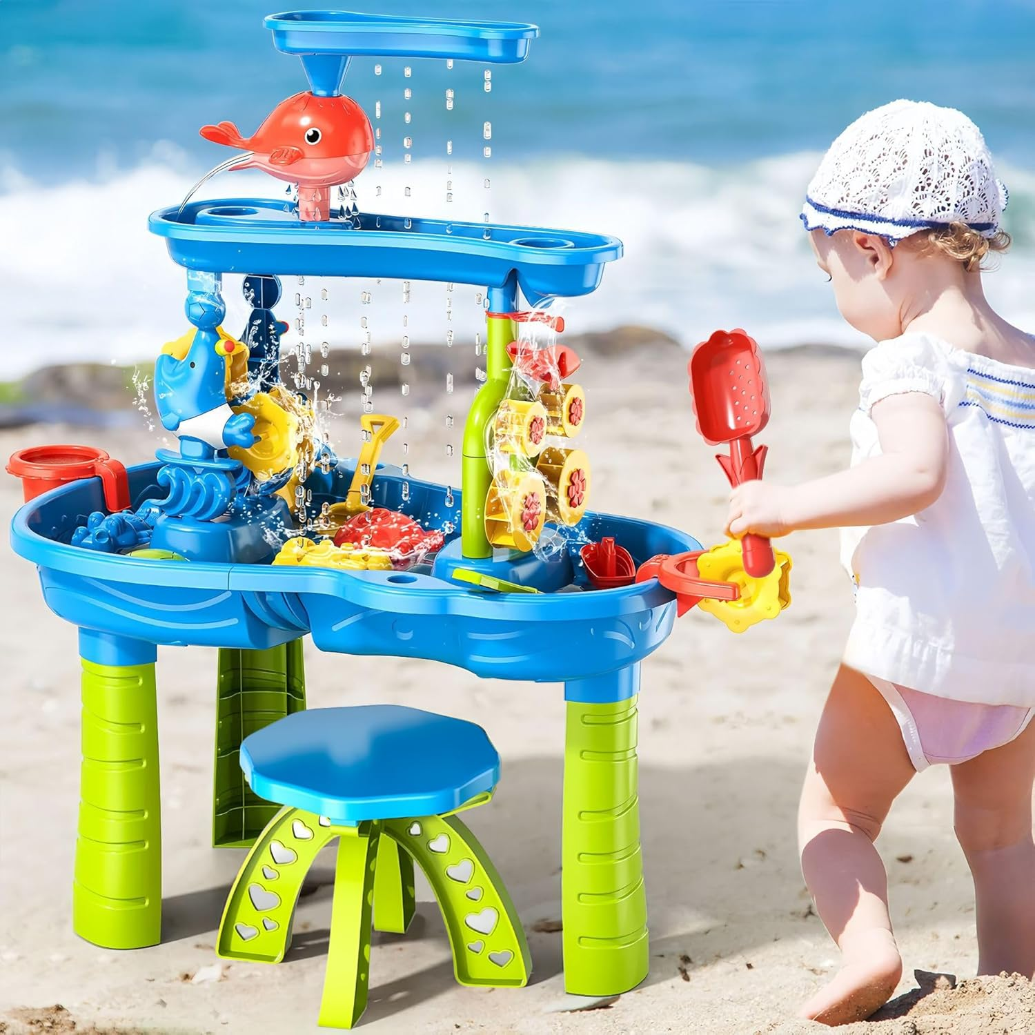 UONNO Kids Sand Water Table Toys 3 Tier Summer Outdoor Toys,Rain Showers Activity Table for outside Backyard Beach for Toddler image number 2