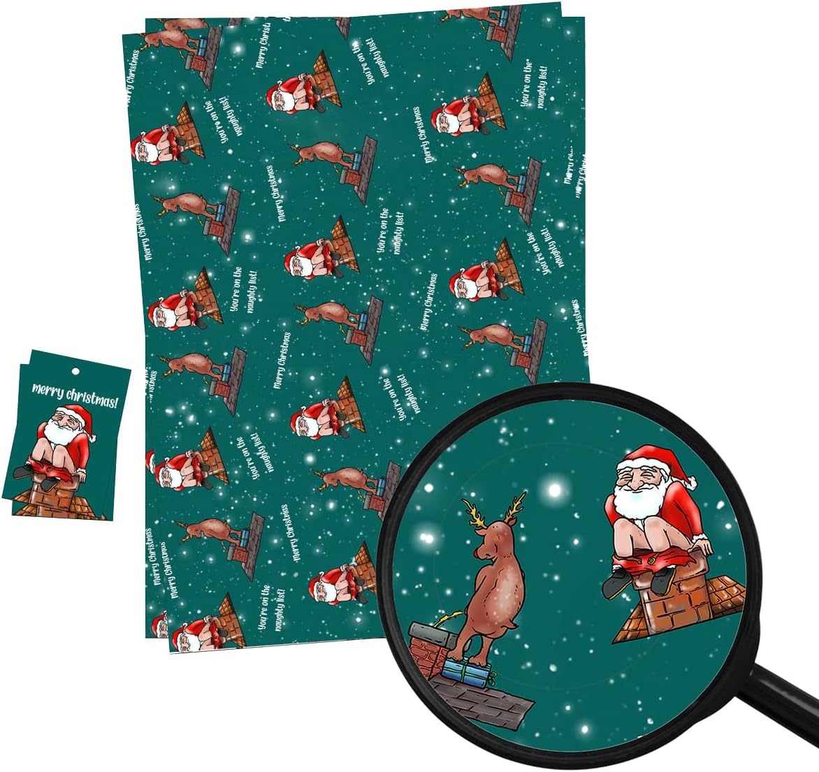 Christmas Wrapping Paper Sheets + Gift Tags (Pack 2) Funny Rude Naughty List Santa Design image number 1