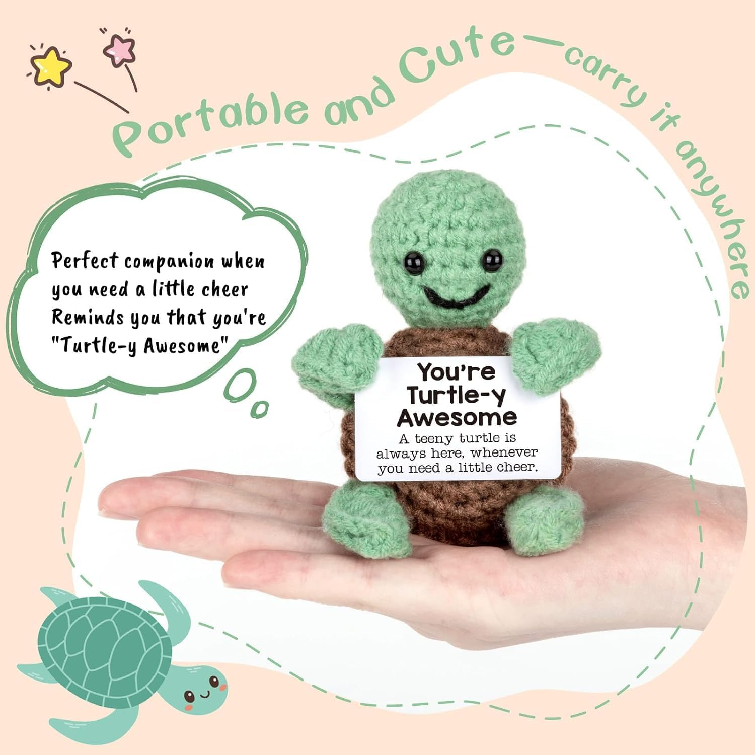 Handmade Mini Crochet Turtle Plush - Australian Wool Stress Relief Companion with Inspirational Card | Birthday, Mother'S Day, Cute Desk Decor for Kids, Adults(6X9Cm) (You Are Turtle-Y Awesome 1) image number 3