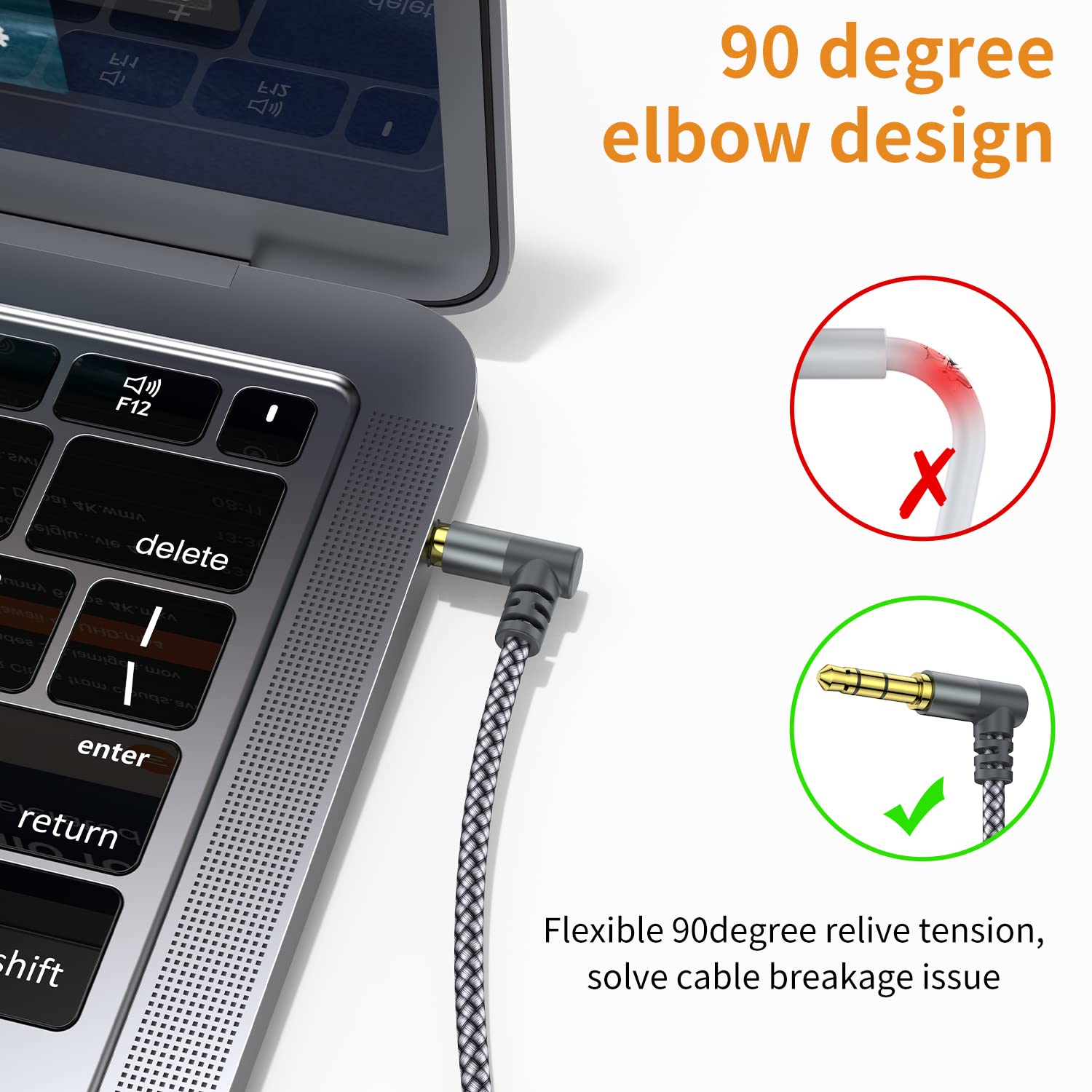 3.5Mm to 2.5Mm Aux Audio Cable (6.6FT), 90 Degree Right Cord Compatible with Bose 700 Quietcomfort QC45 QC35II QC35 QC25 Noise Cancelling Headphones, JBL E45BT E55BT E65BTNC Bluetooth Earphone(Grey)