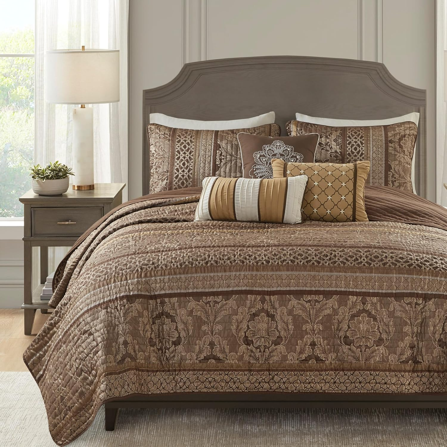 Madison Park Bellagio 6 Piece Quilted Coverlet Set, Full/Queen, Brown/Gold - King
